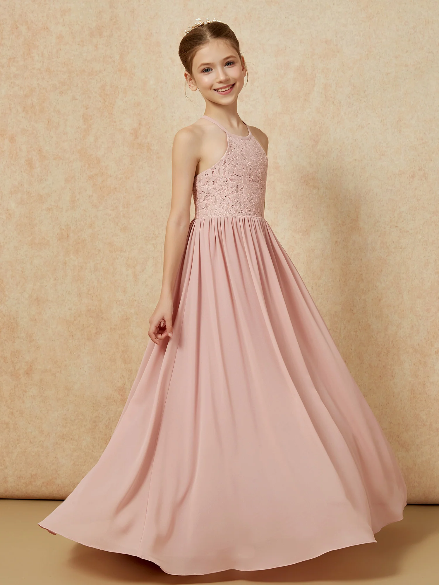 Pleated Lace Chiffion Long Junior Bridesmaid Dress Dusty Rose - Image 3