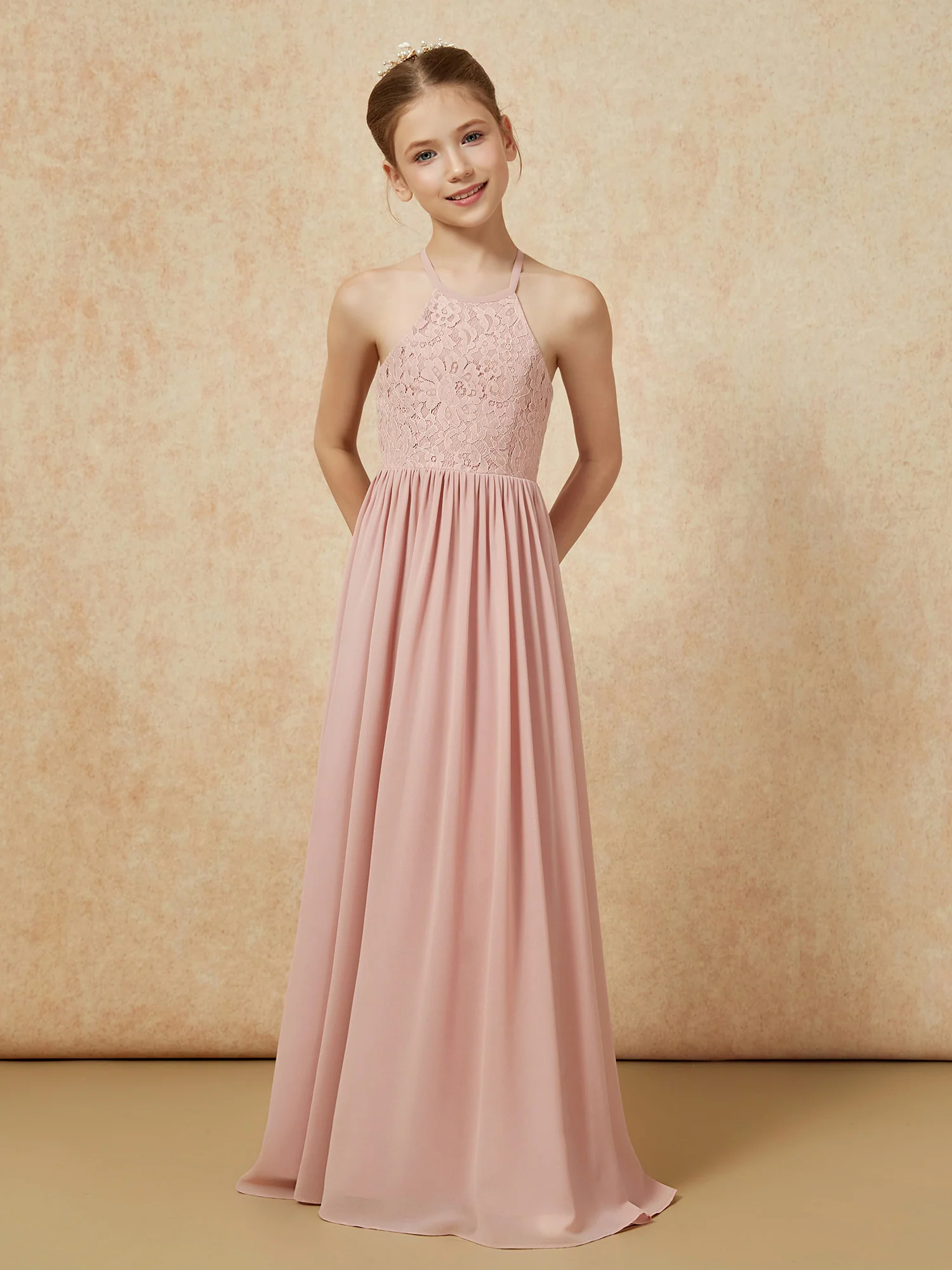 Pleated Lace Chiffion Long Junior Bridesmaid Dress Dusty Rose - Image 4