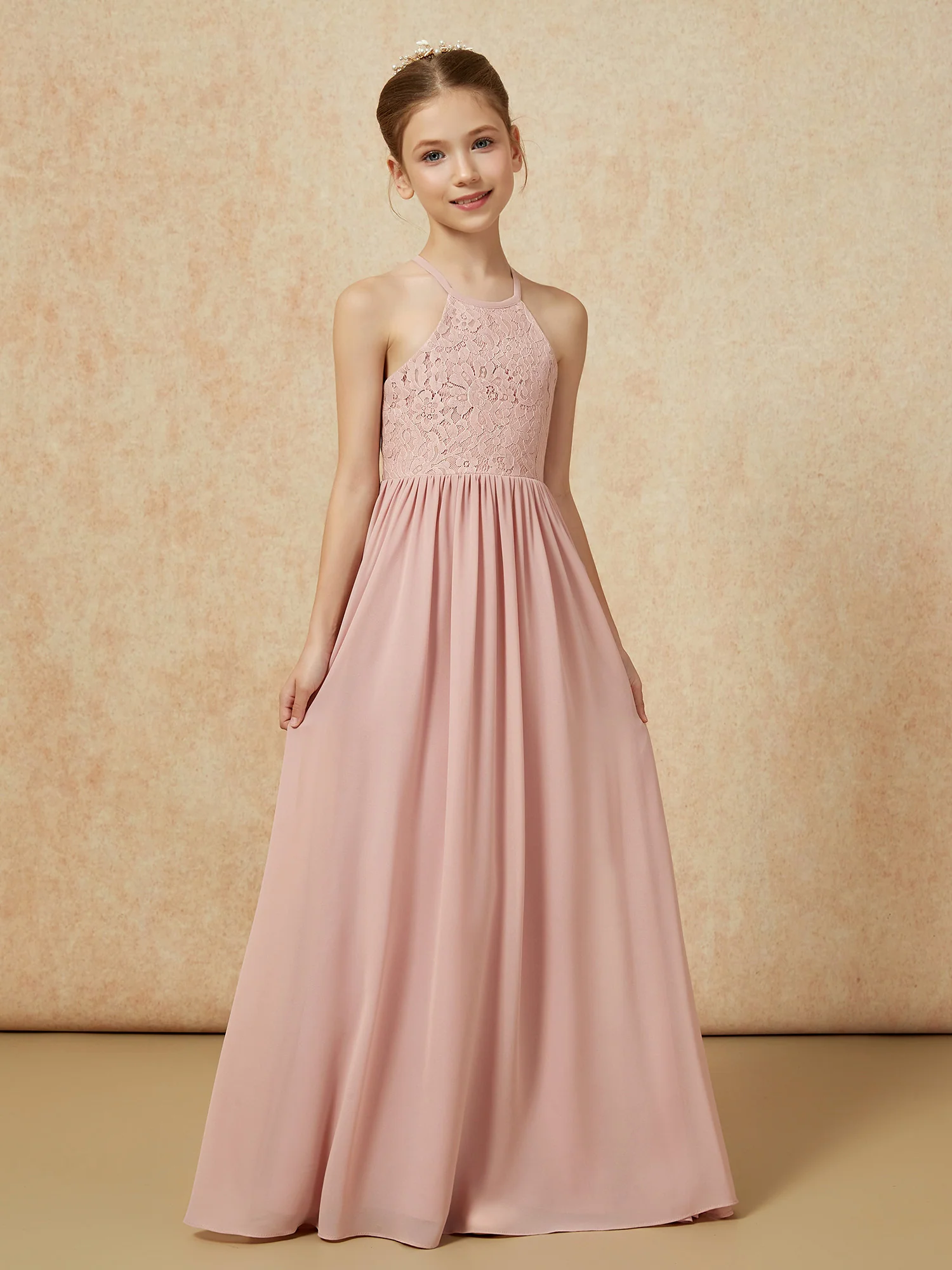 Pleated Lace Chiffion Long Junior Bridesmaid Dress Dusty Rose - Image 5