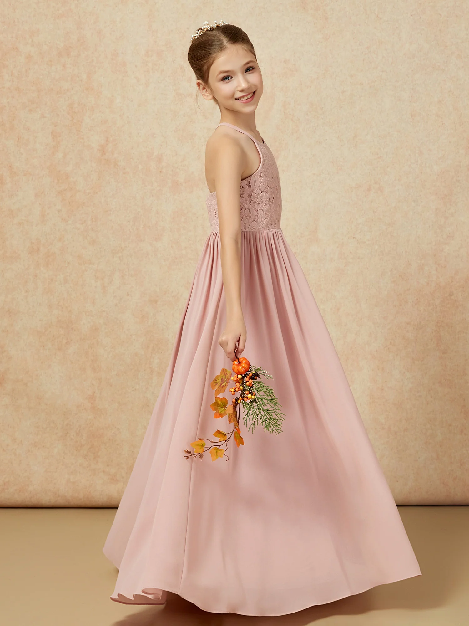 Pleated Lace Chiffion Long Junior Bridesmaid Dress Dusty Rose - Image 6