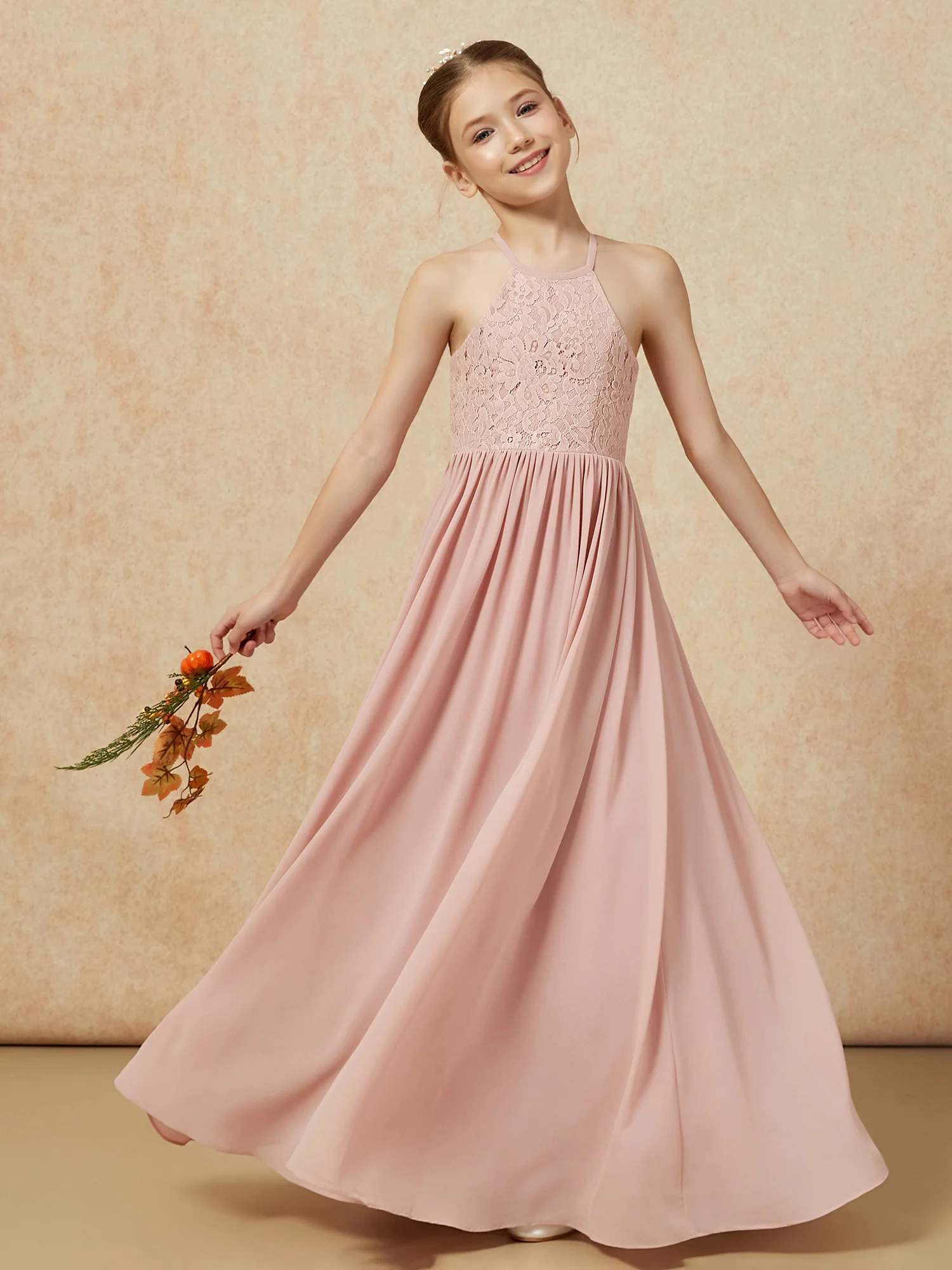 Pleated Lace Chiffion Long Junior Bridesmaid Dress Dusty Rose - Image 7