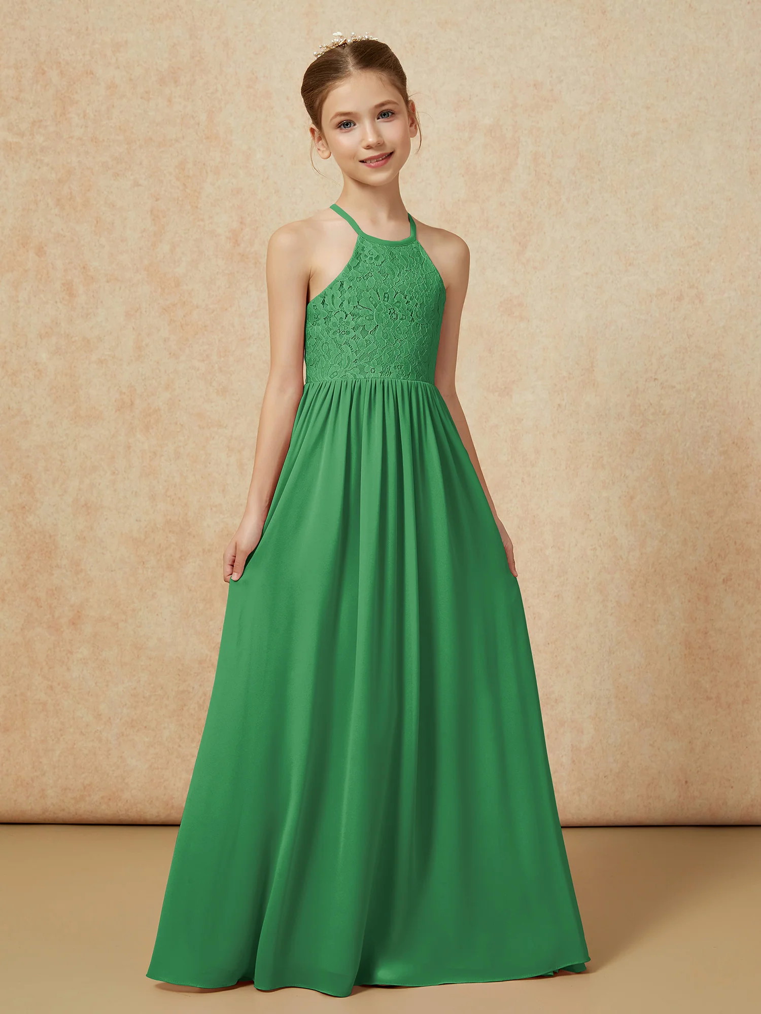 Pleated Lace Chiffion Long Junior Bridesmaid Dress Emerald - Image 5