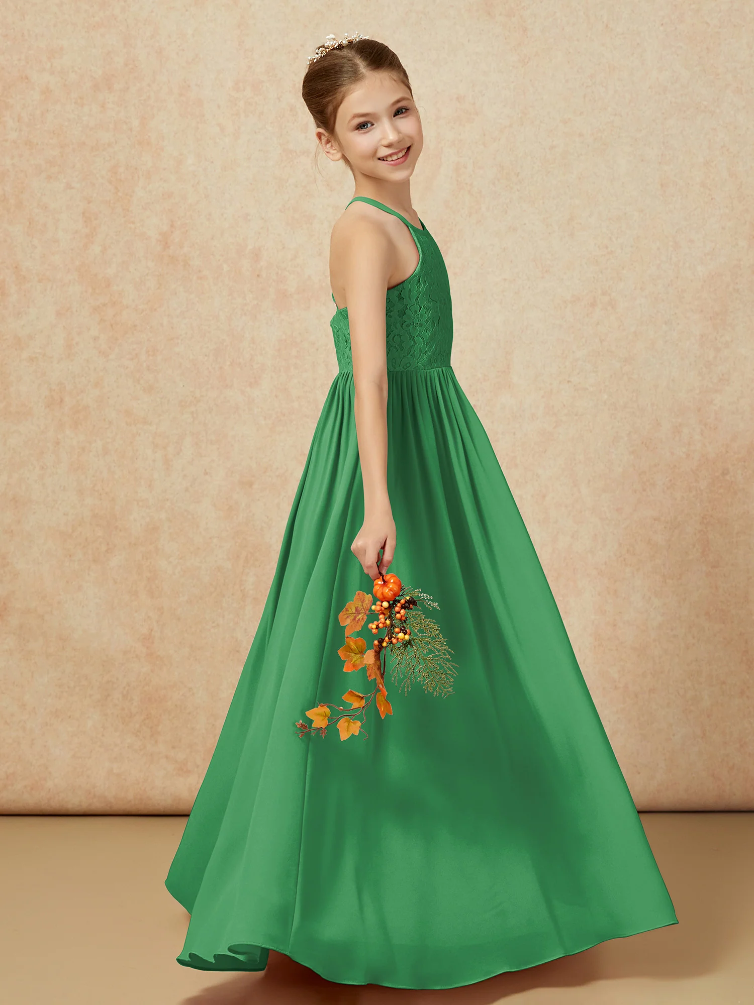 Pleated Lace Chiffion Long Junior Bridesmaid Dress Emerald - Image 6