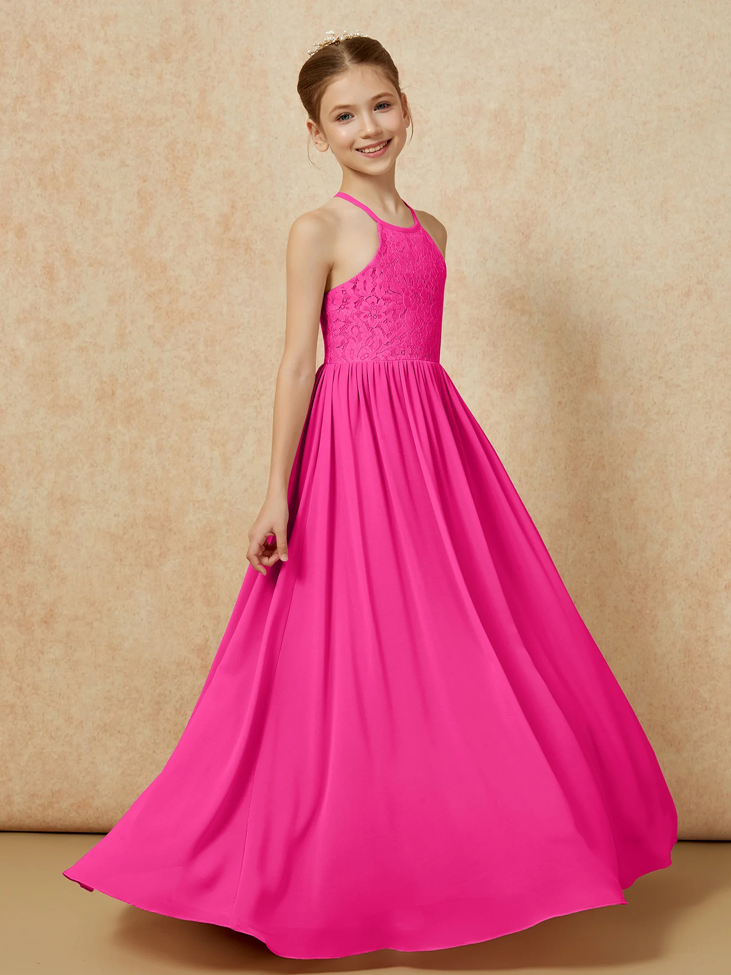 Pleated Lace Chiffion Long Junior Bridesmaid Dress Fuchsia - Image 3