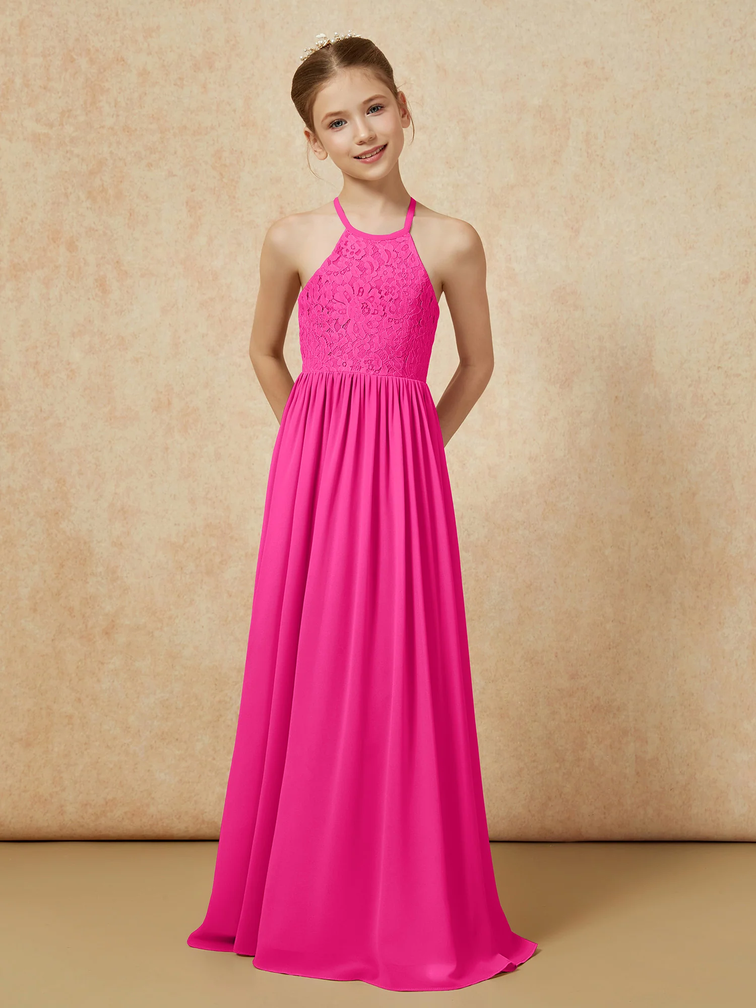 Pleated Lace Chiffion Long Junior Bridesmaid Dress Fuchsia - Image 4
