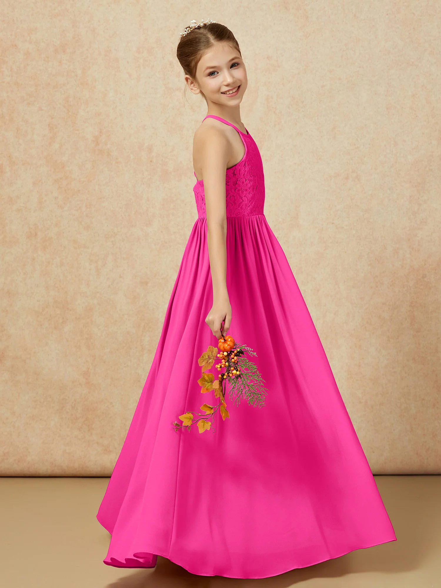 Pleated Lace Chiffion Long Junior Bridesmaid Dress Fuchsia - Image 6