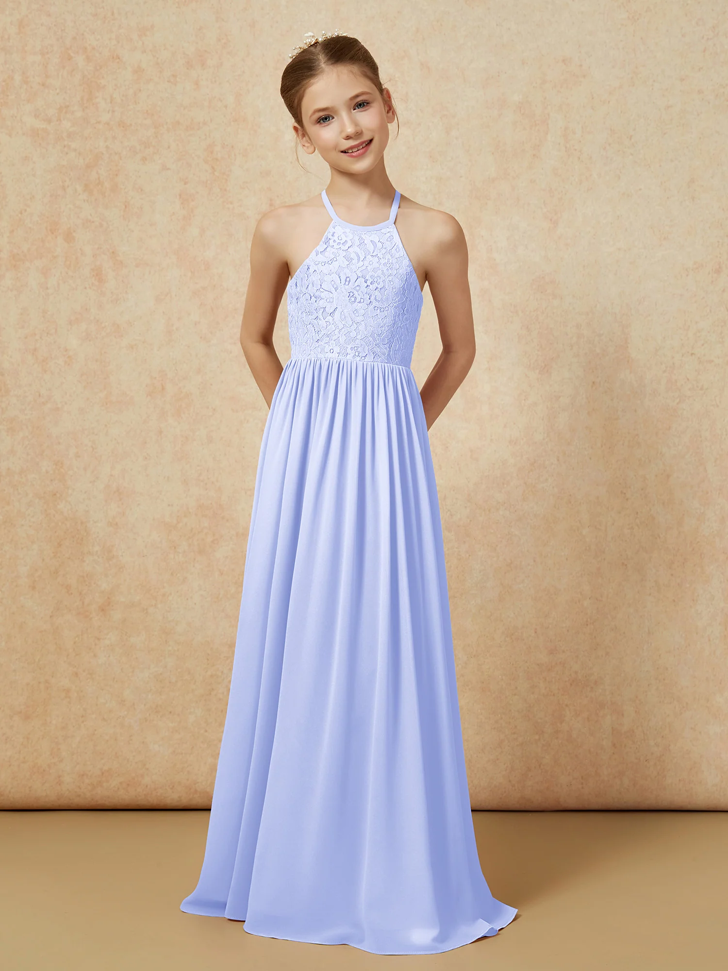 Pleated Lace Chiffion Long Junior Bridesmaid Dress Lavender - Image 4
