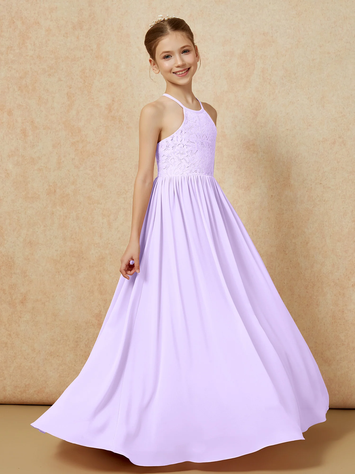 Pleated Lace Chiffion Long Junior Bridesmaid Dress Lilac - Image 3