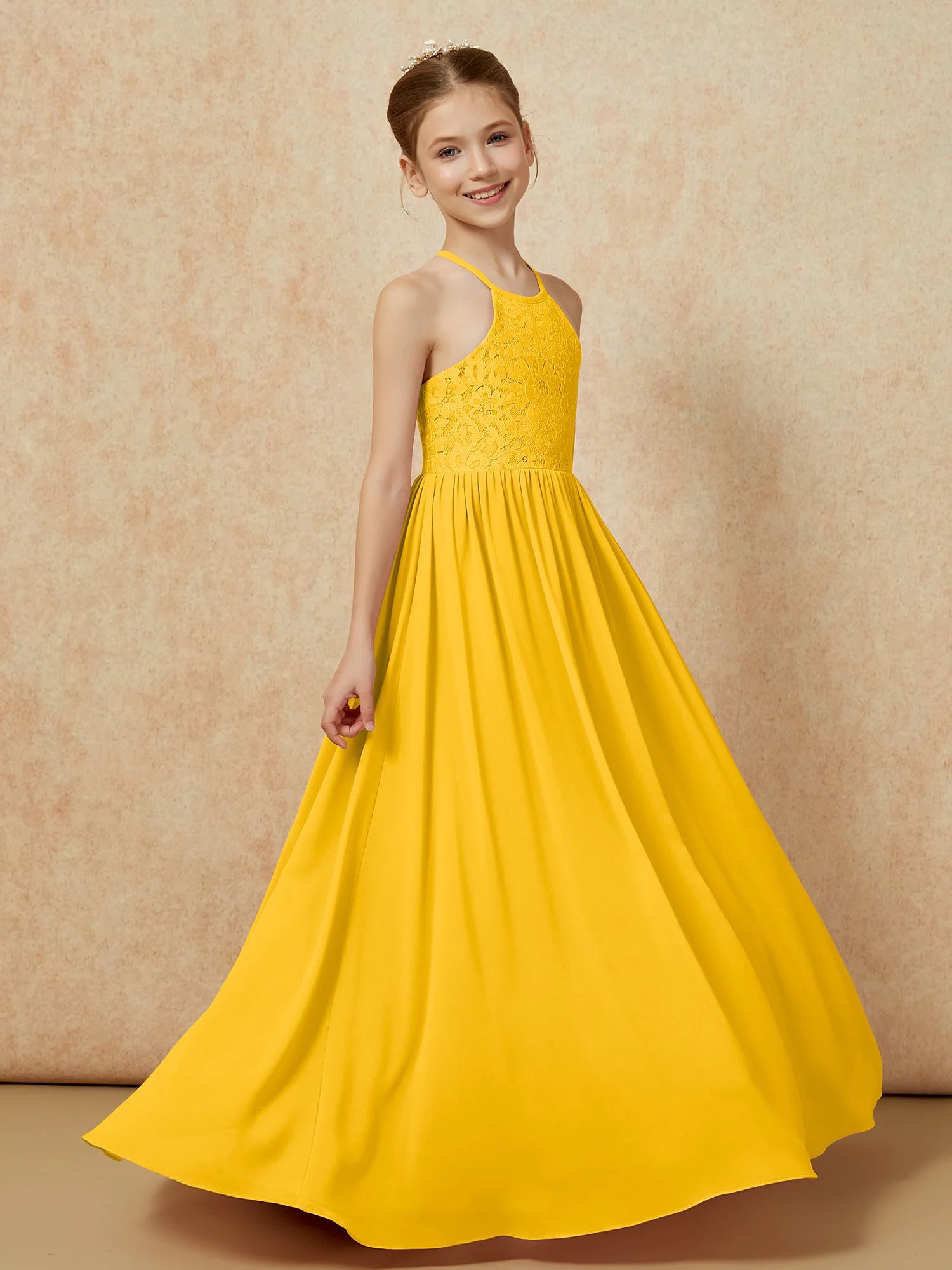 Pleated Lace Chiffion Long Junior Bridesmaid Dress Marigold - Image 3