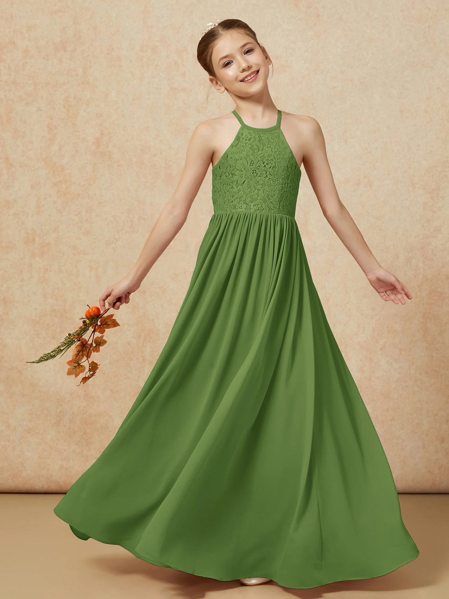 Pleated Lace Chiffion Long Junior Bridesmaid Dress Moss - Image 7