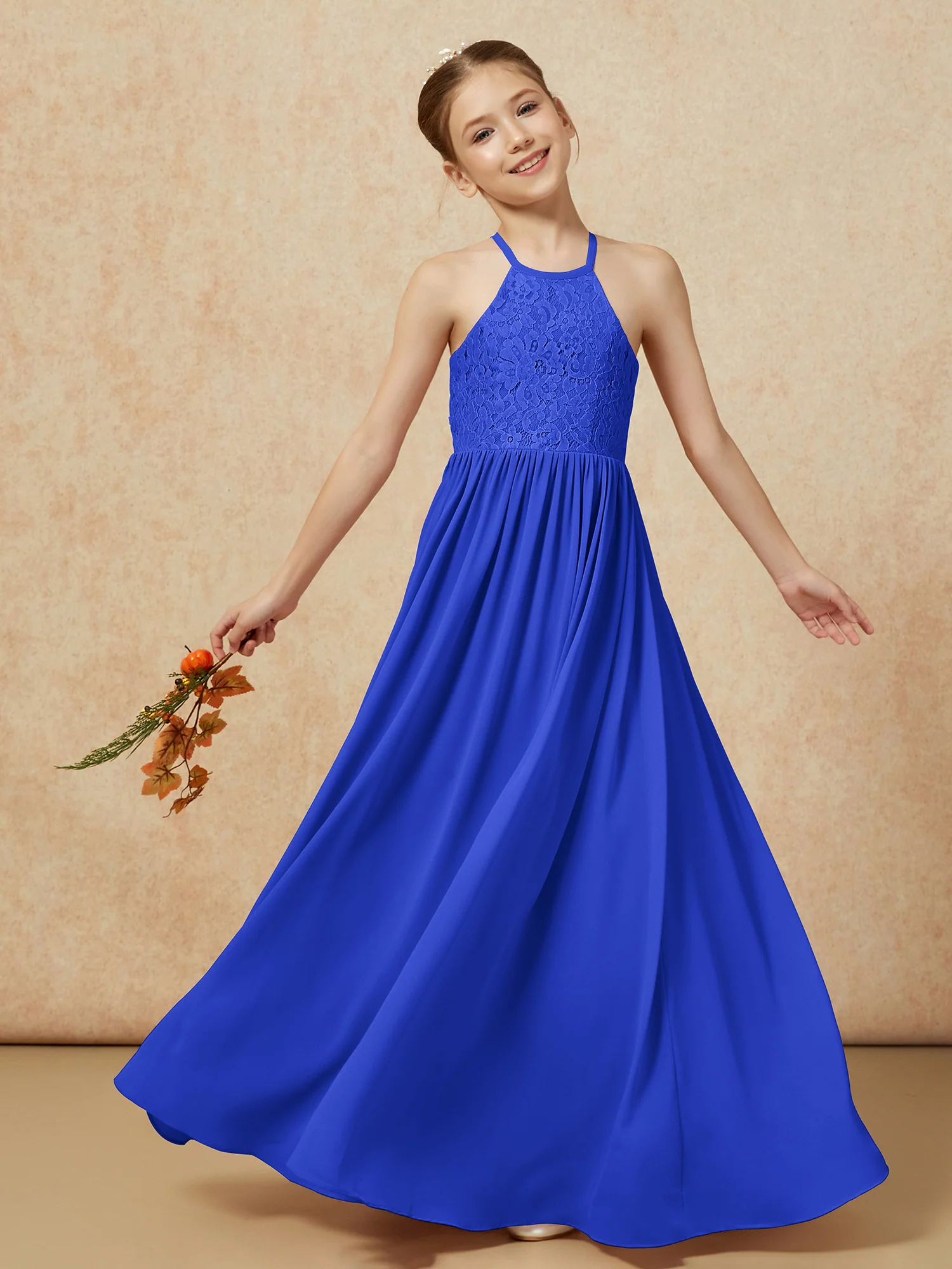 Pleated Lace Chiffion Long Junior Bridesmaid Dress Royal Blue - Image 7