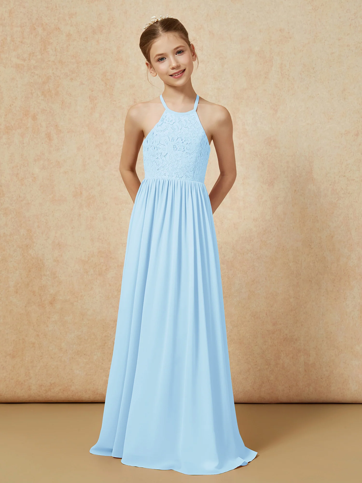 Pleated Lace Chiffion Long Junior Bridesmaid Dress Sky Blue - Image 4