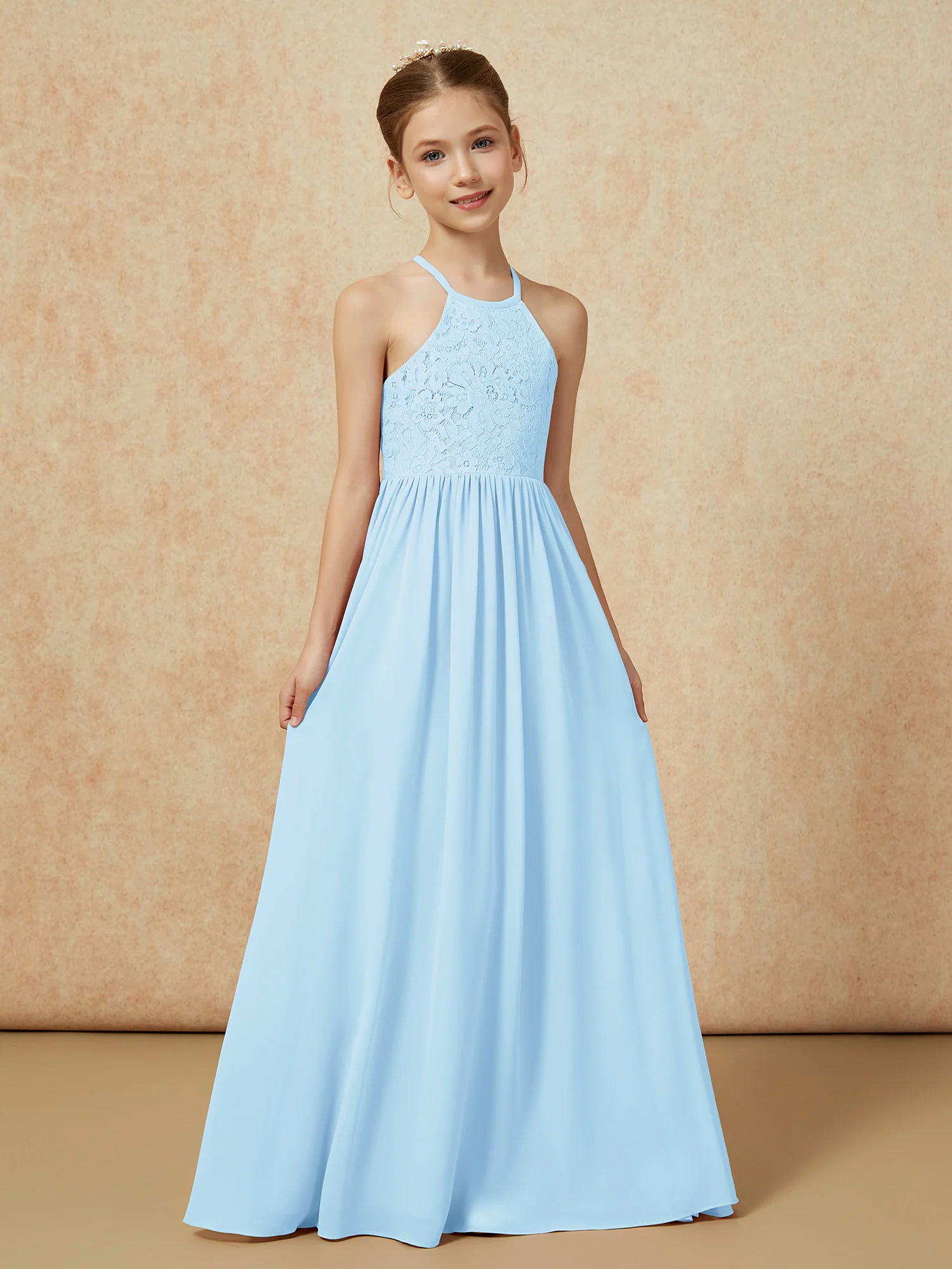 Pleated Lace Chiffion Long Junior Bridesmaid Dress Sky Blue - Image 5