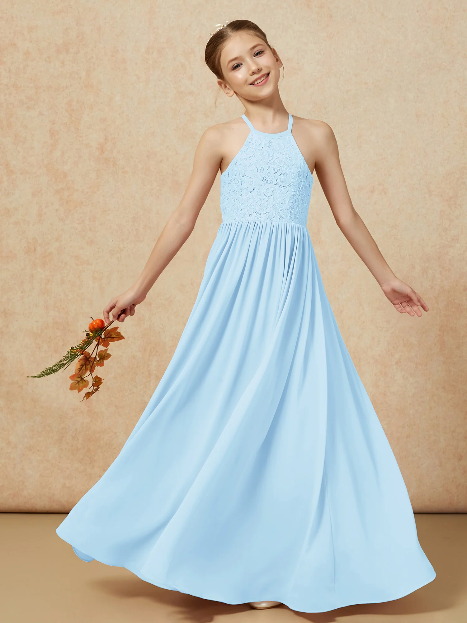 Pleated Lace Chiffion Long Junior Bridesmaid Dress Sky Blue - Image 7