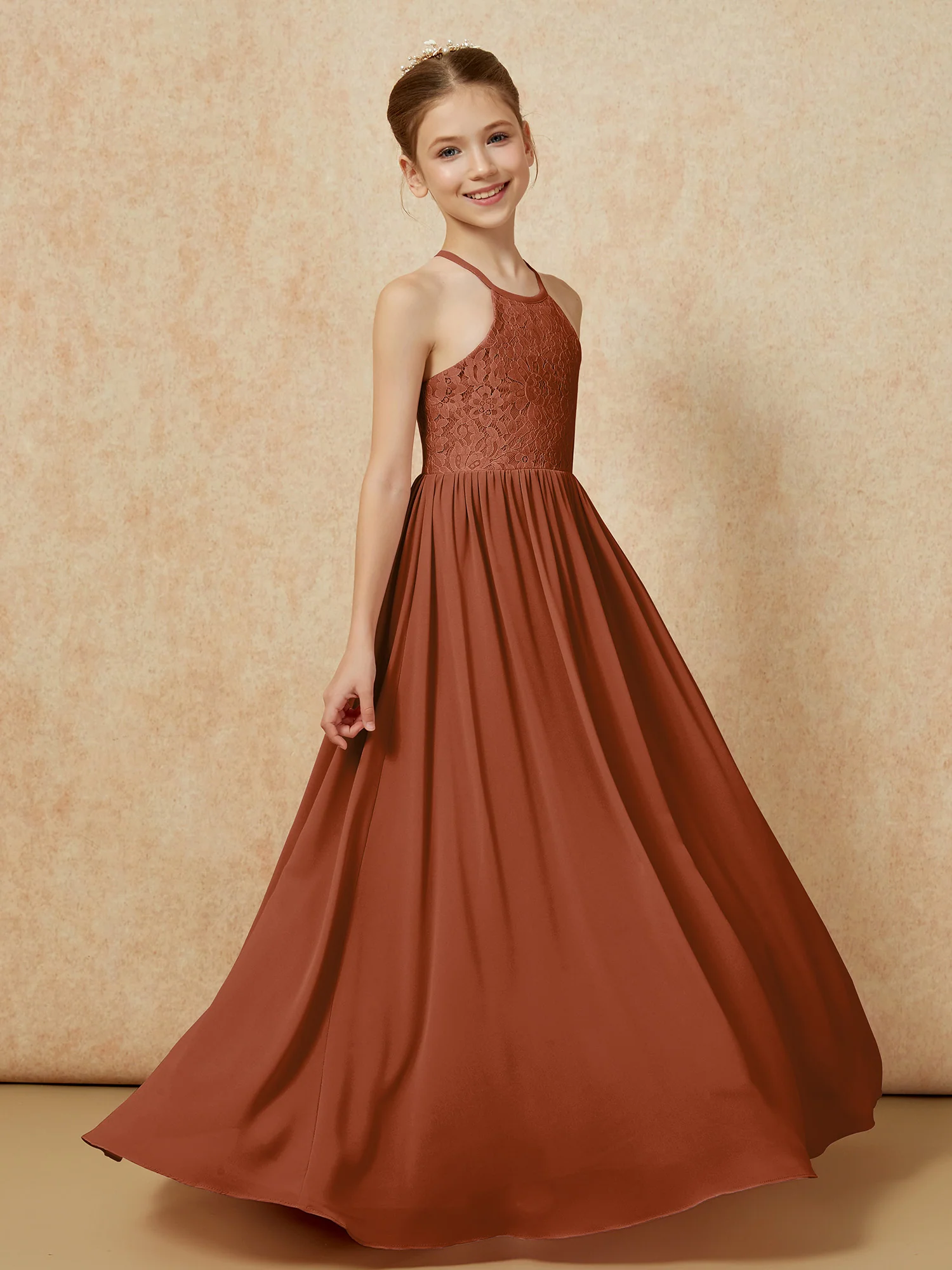 Pleated Lace Chiffion Long Junior Bridesmaid Dress Terracotta - Image 3