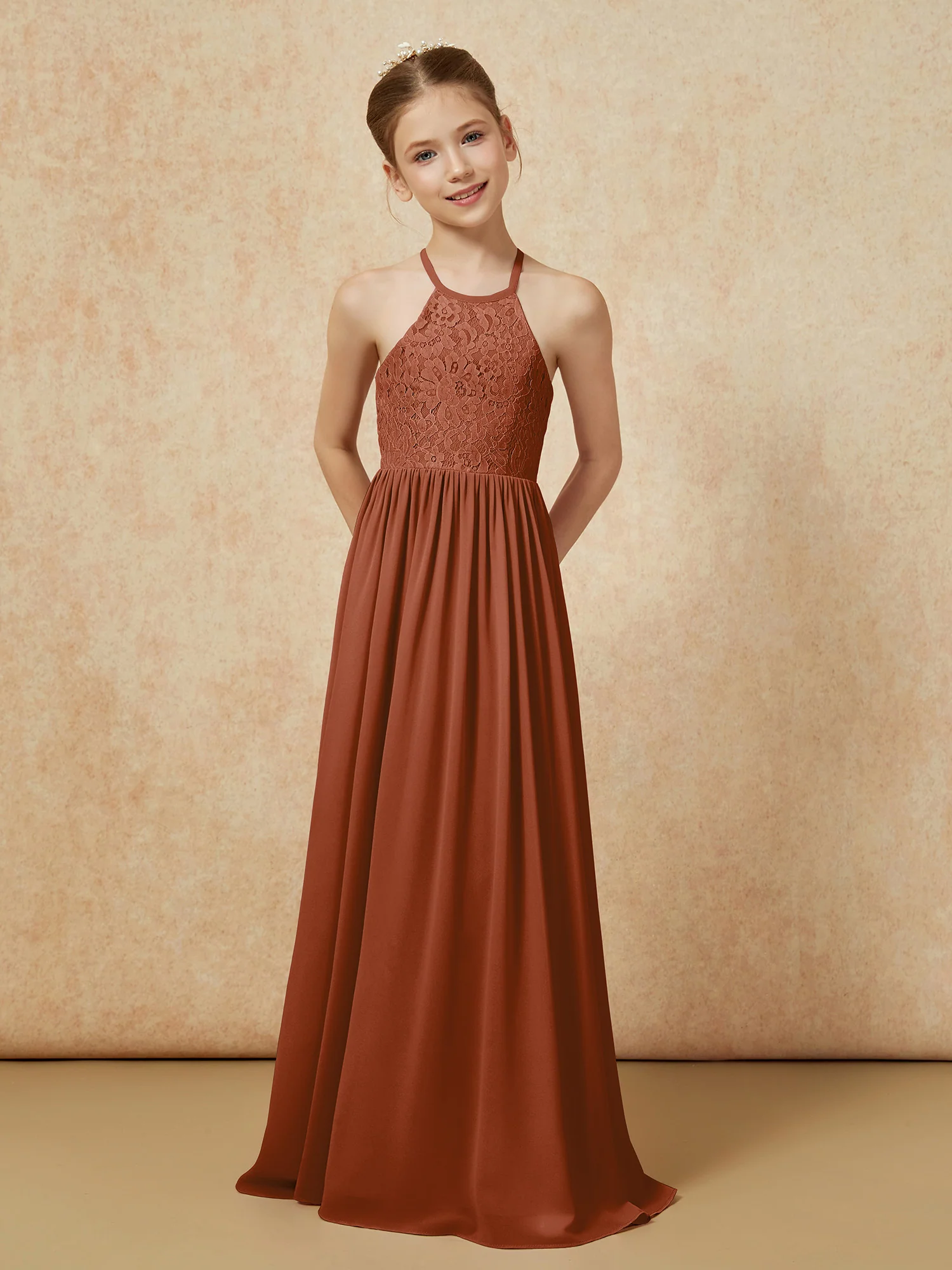 Pleated Lace Chiffion Long Junior Bridesmaid Dress Terracotta - Image 4
