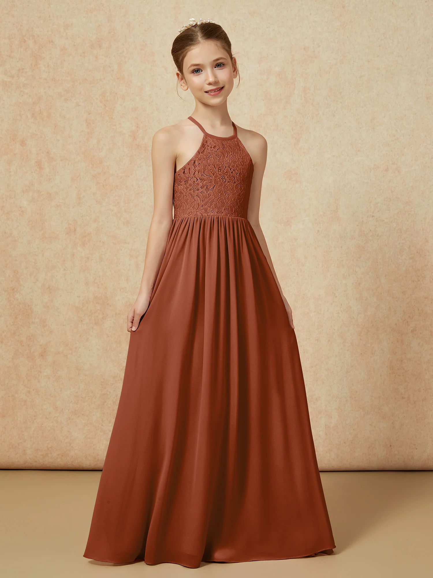 Pleated Lace Chiffion Long Junior Bridesmaid Dress Terracotta - Image 5
