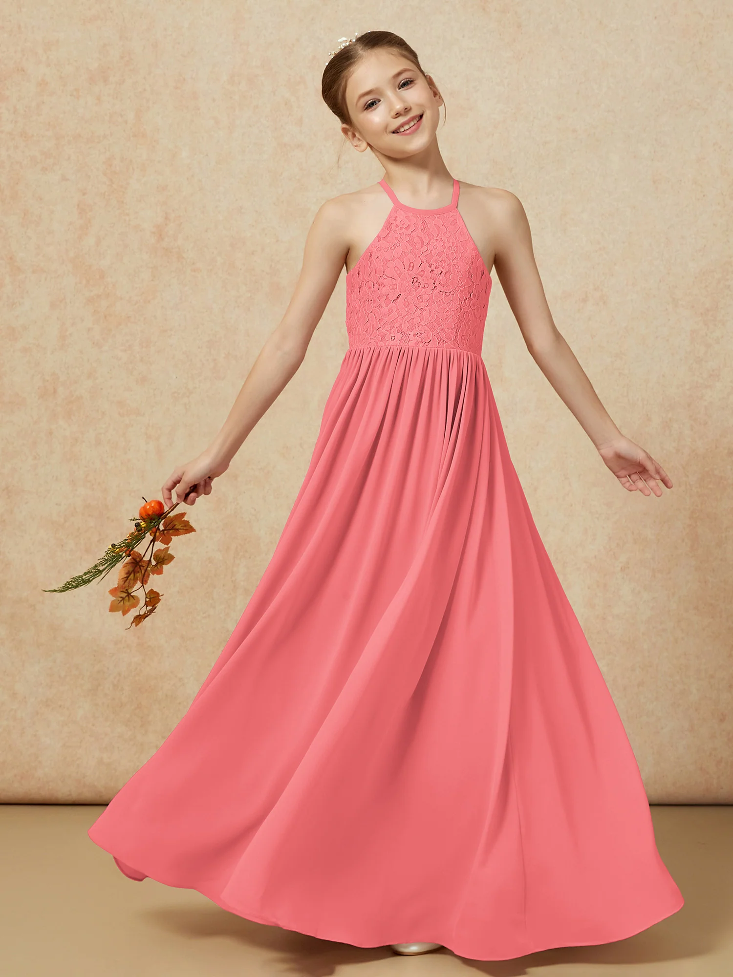 Pleated Lace Chiffion Long Junior Bridesmaid Dress Watermelon - Image 7