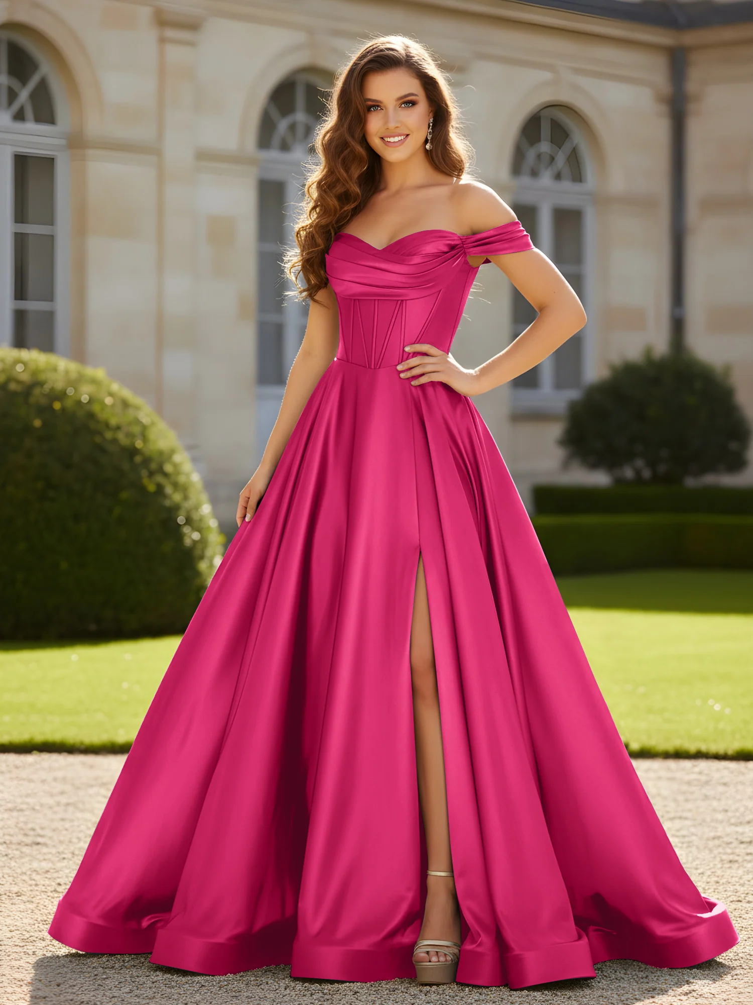Pleated Off-the-shoulder A-Line Satin Dress With Slit Fuchsia