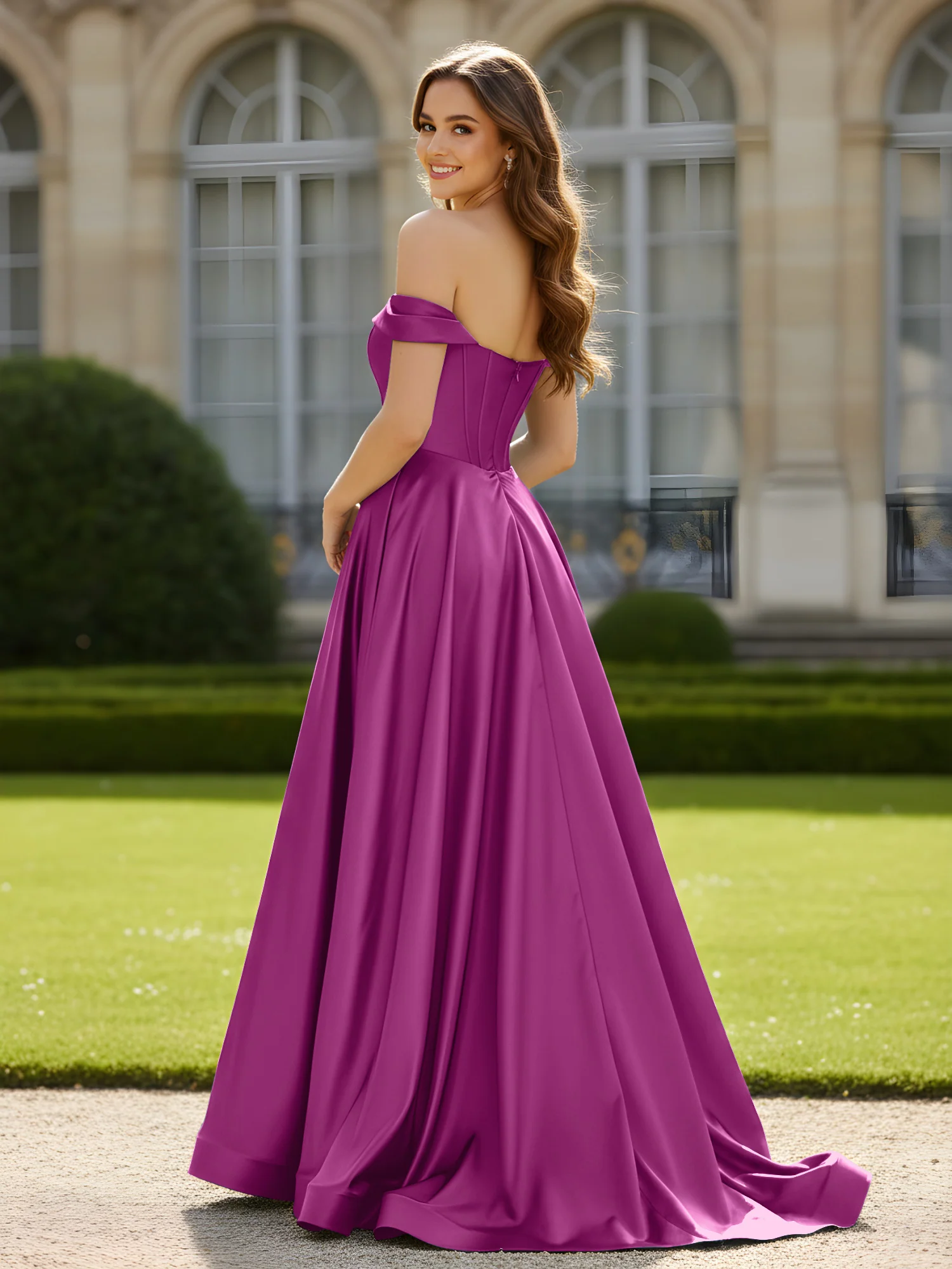 Pleated Off-the-shoulder A-Line Satin Dress With Slit Orchid - Image 2