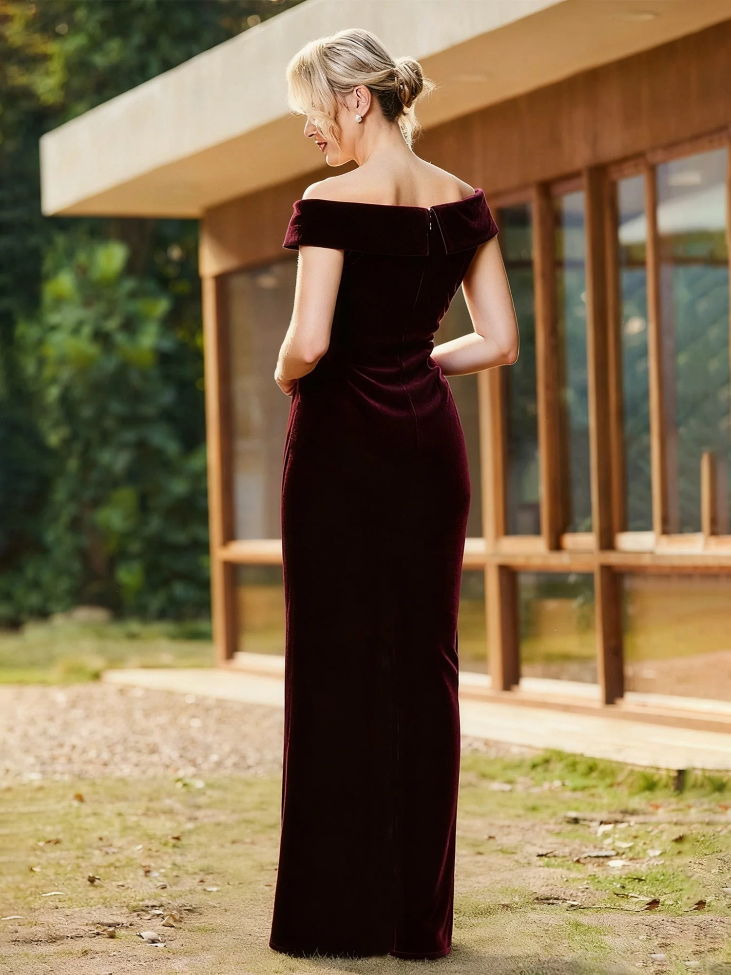 Pleated Off-the-Shoulder Beaded Long Dress With Slit Plum - Image 2
