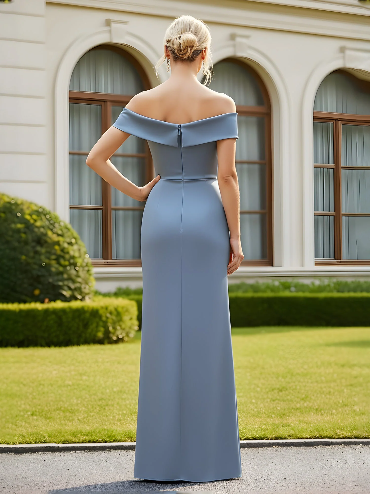 Pleated Off-the-Shoulder Sheath Long Dress With Slit Red - Image 2