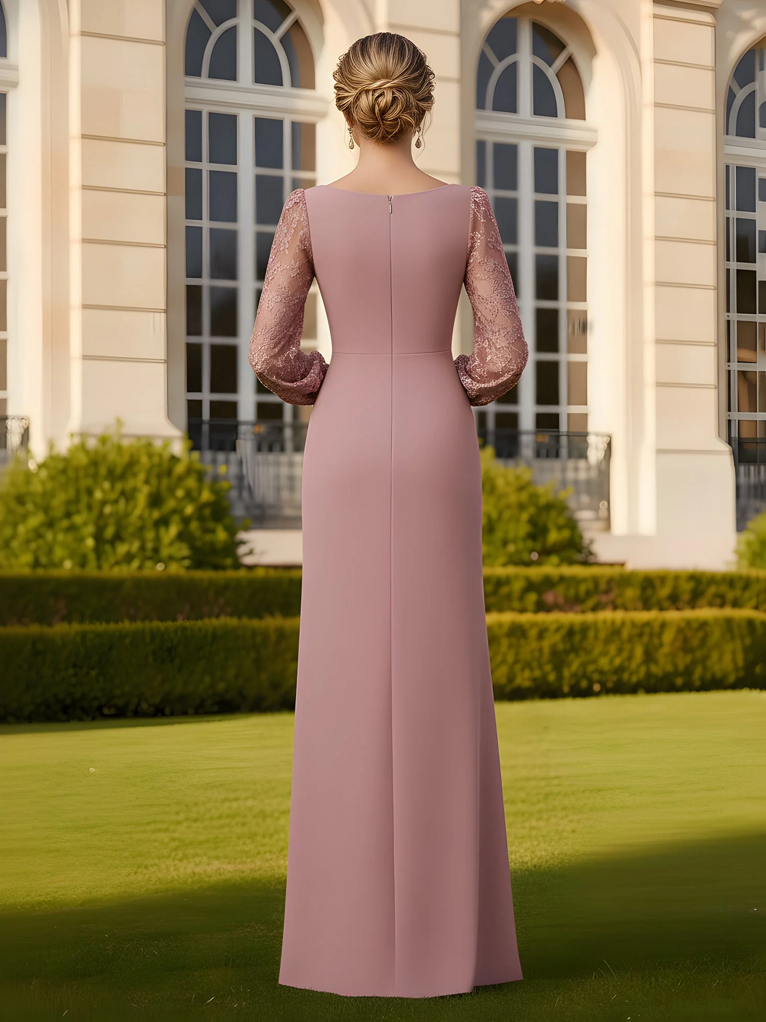 Pleated Scoop Neck Lace Long Sleeves Sheath Dress Red - Image 2