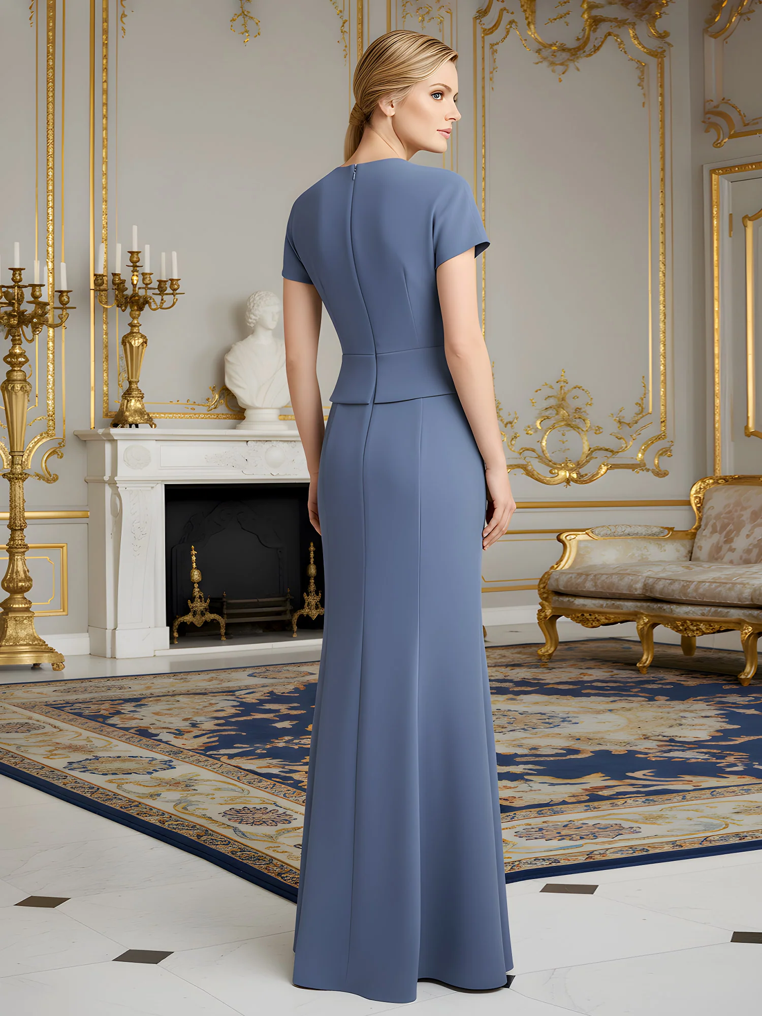 Pleated Short Sleeves Bodycon Long Dress Slate Blue - Image 2