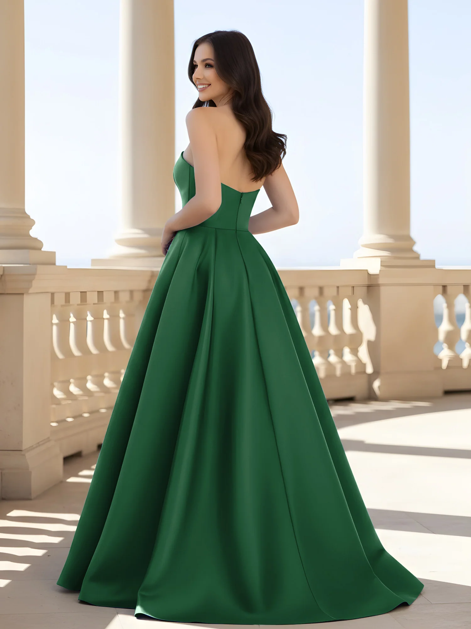 Pleated Strapless A-Line Long Dress With Slit Dark Green - Image 2