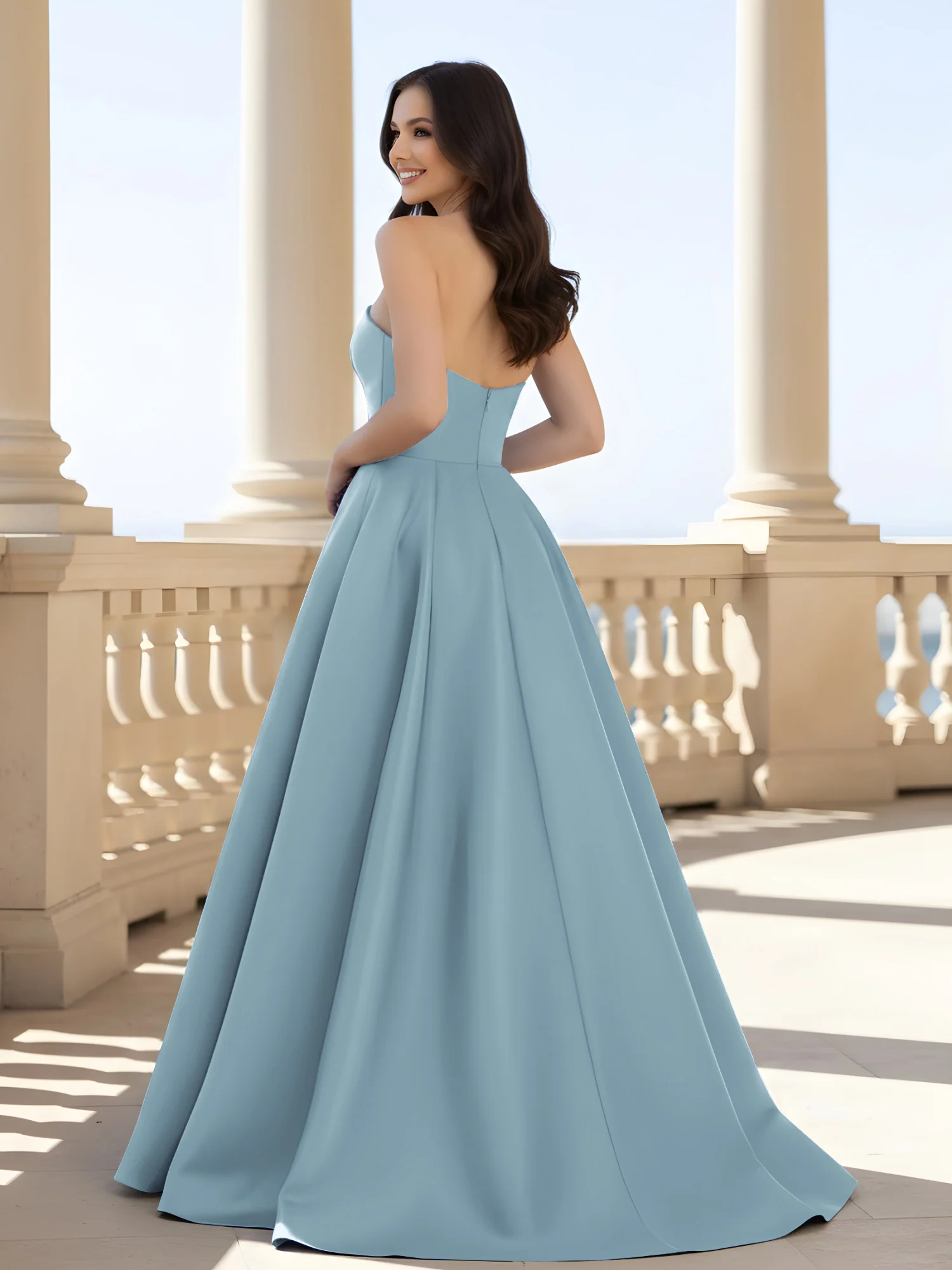 Pleated Strapless A-Line Long Dress With Slit Dusty Blue - Image 2