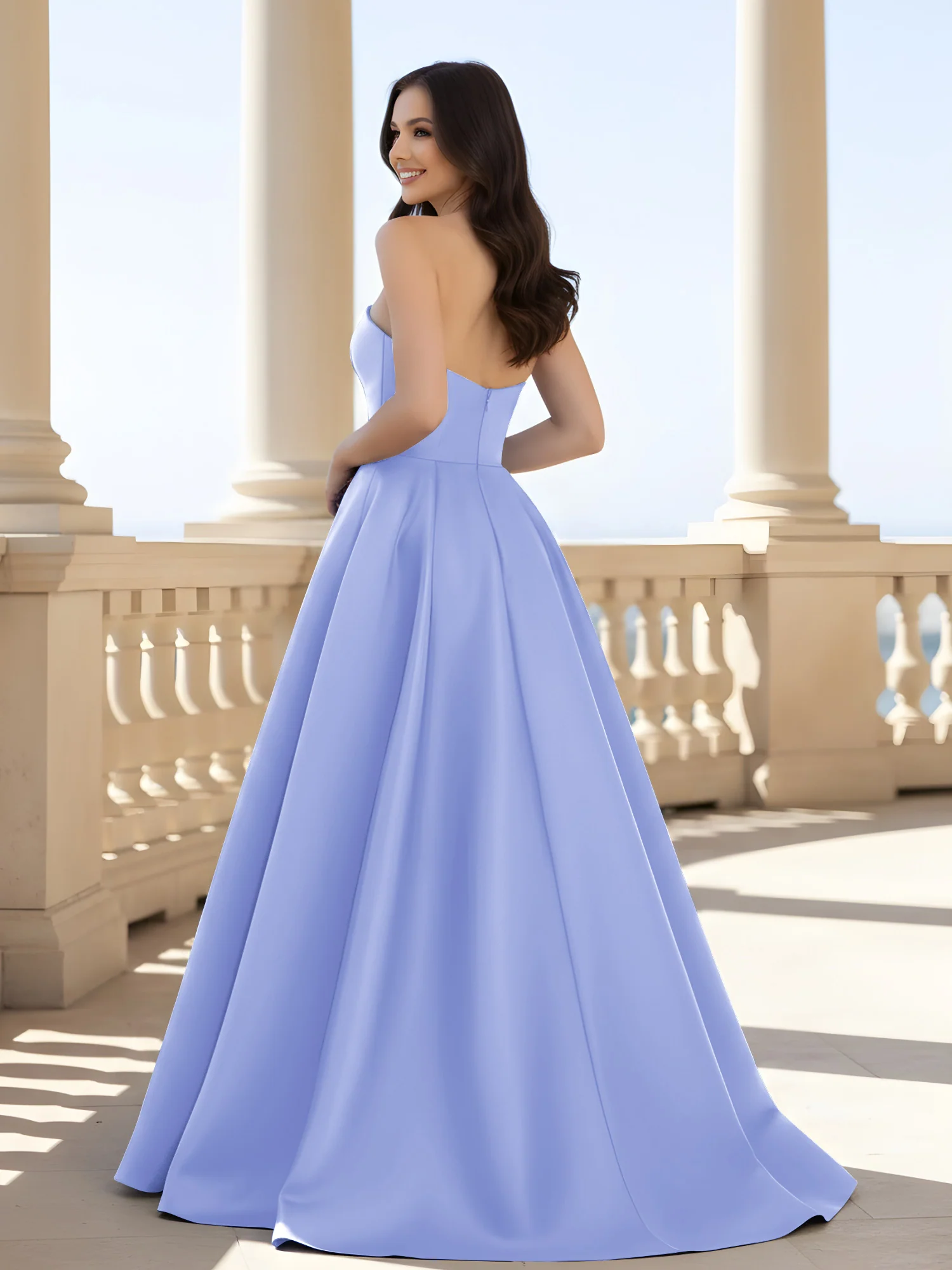 Pleated Strapless A-Line Long Dress With Slit Lavender - Image 2