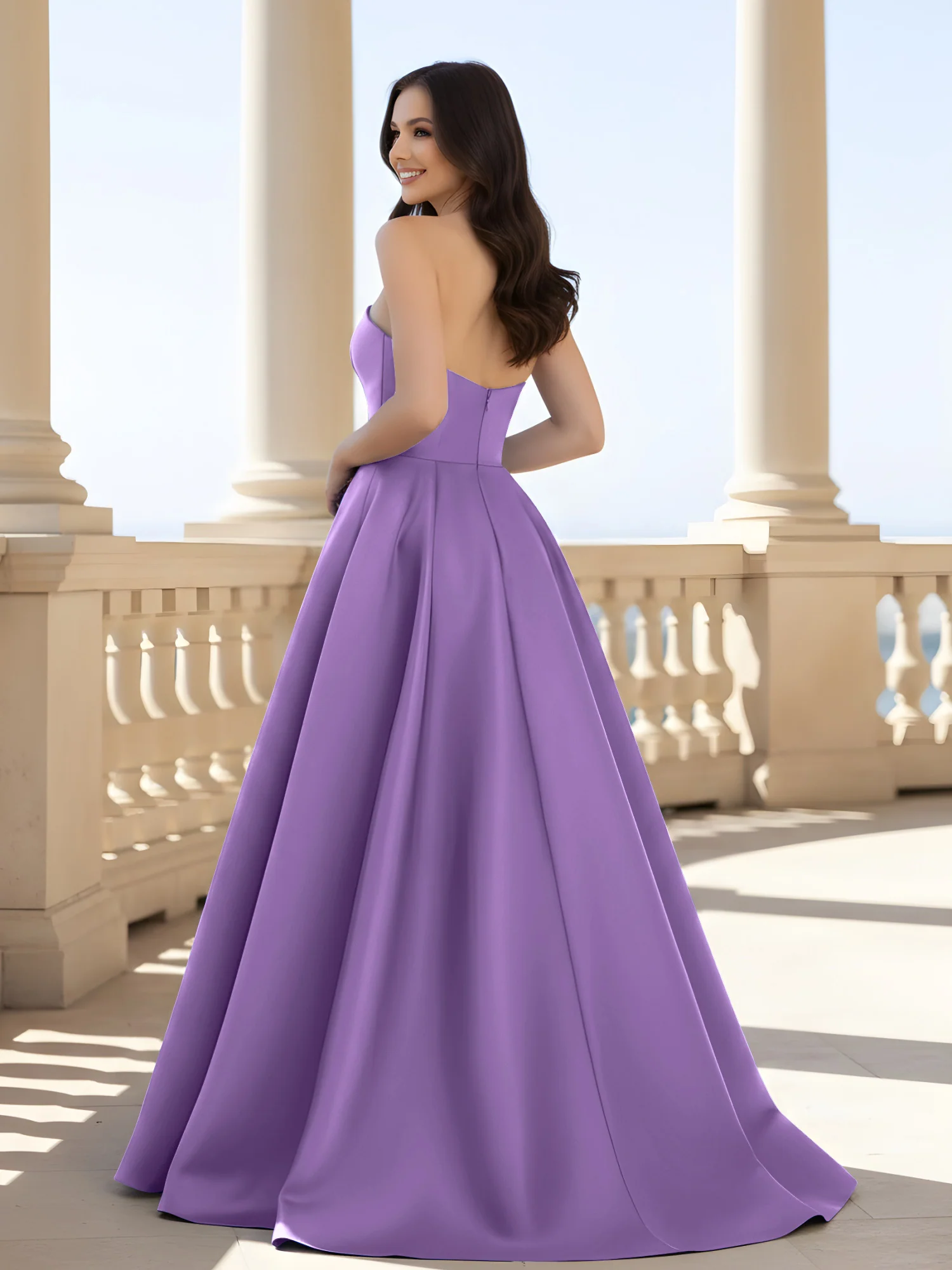 Pleated Strapless A-Line Long Dress With Slit Tahiti - Image 2