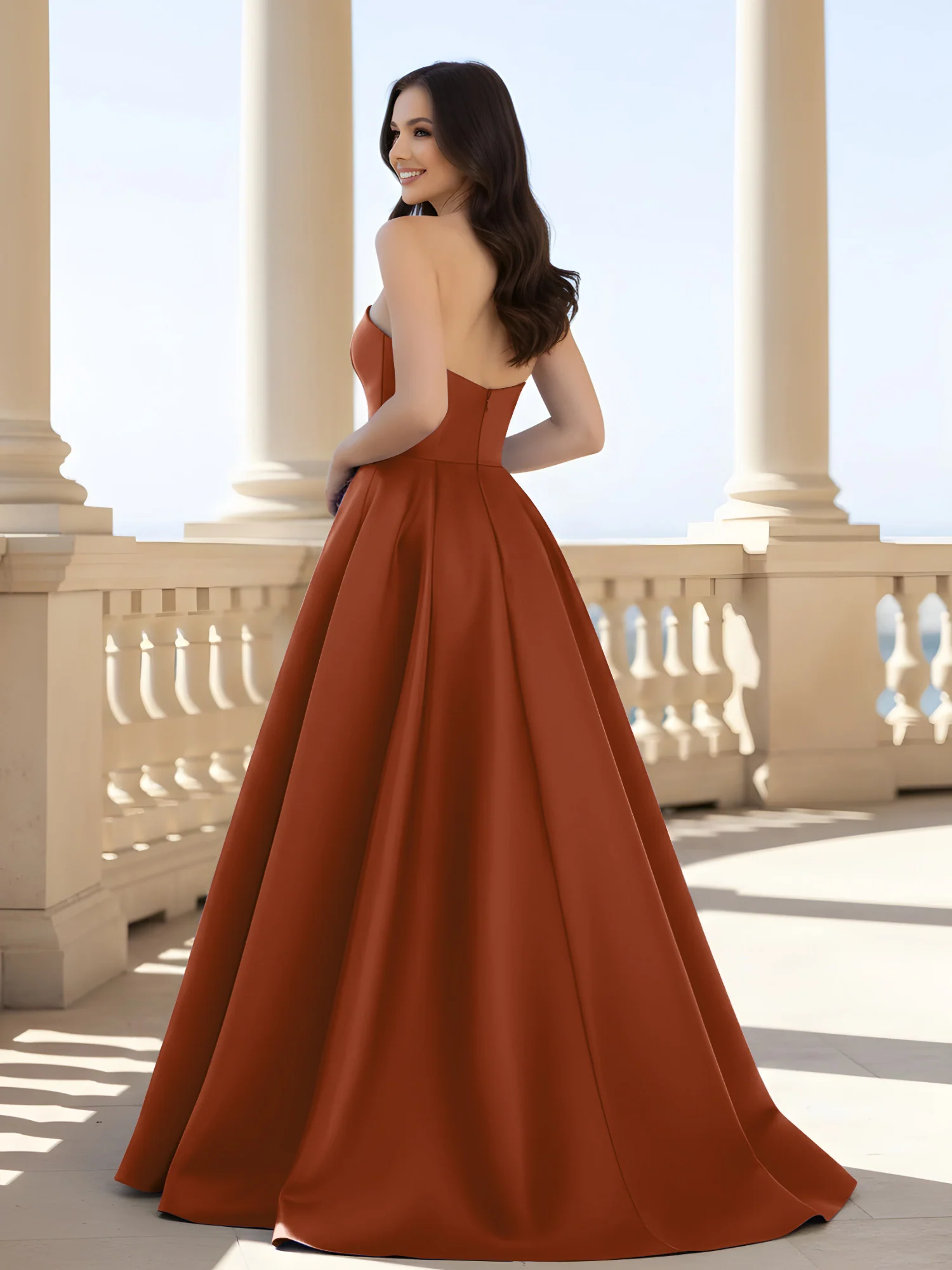 Pleated Strapless A-Line Long Dress With Slit Terracotta - Image 2