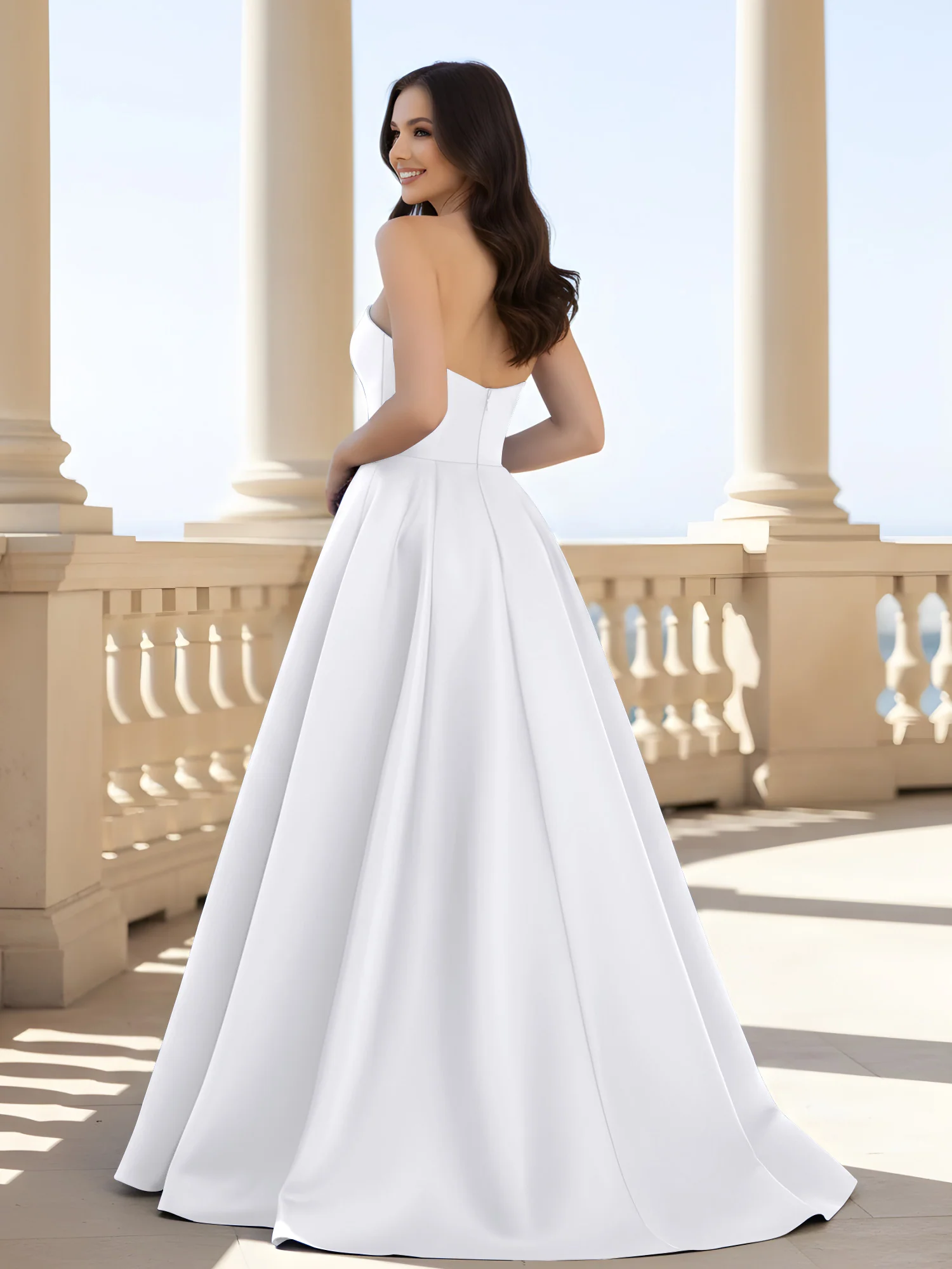 Pleated Strapless A-Line Long Dress With Slit White - Image 2