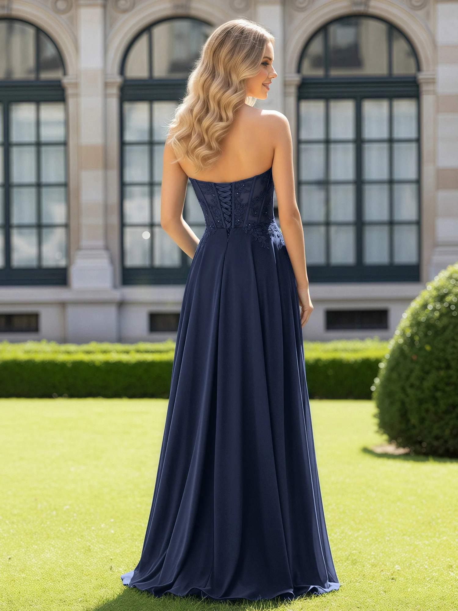 Pleated Sweetheart Applique Corset Dress With Slit Dark Navy - Image 2