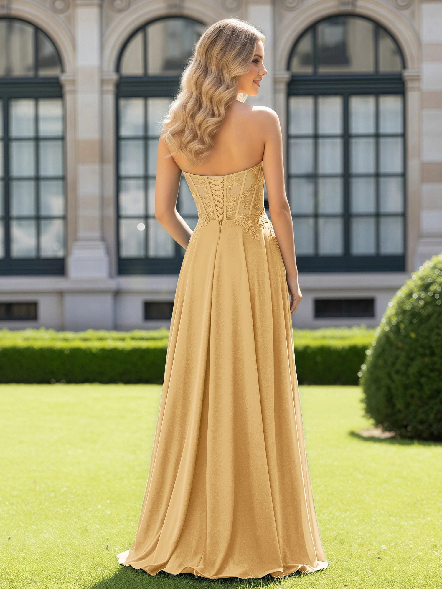 Pleated Sweetheart Applique Corset Dress With Slit Gold - Image 2