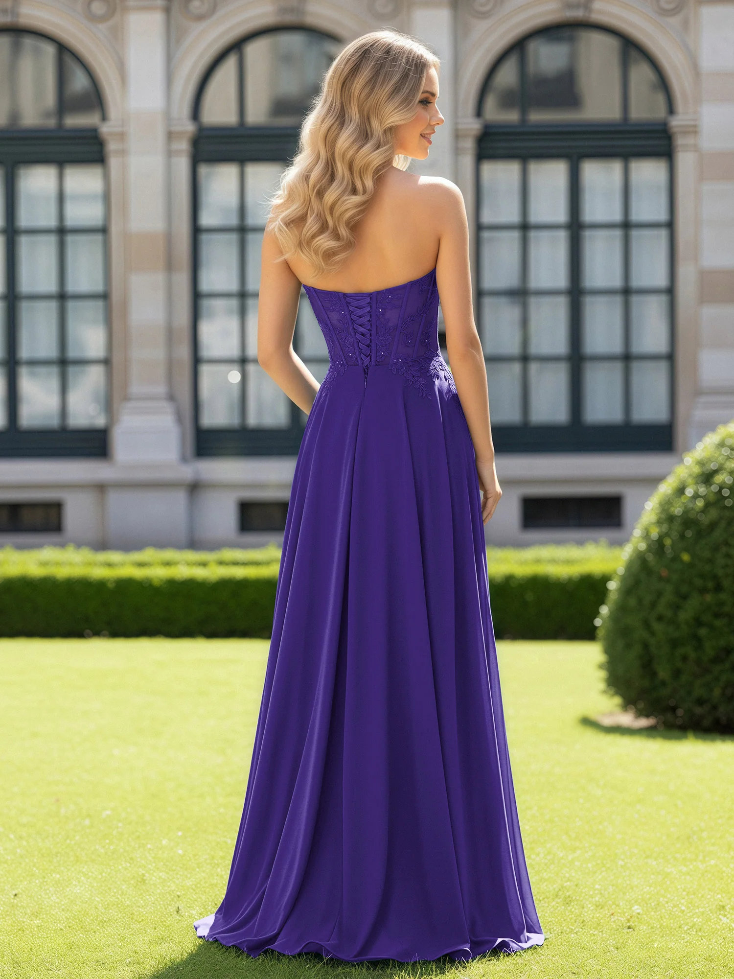 Pleated Sweetheart Applique Corset Dress With Slit Regency - Image 2