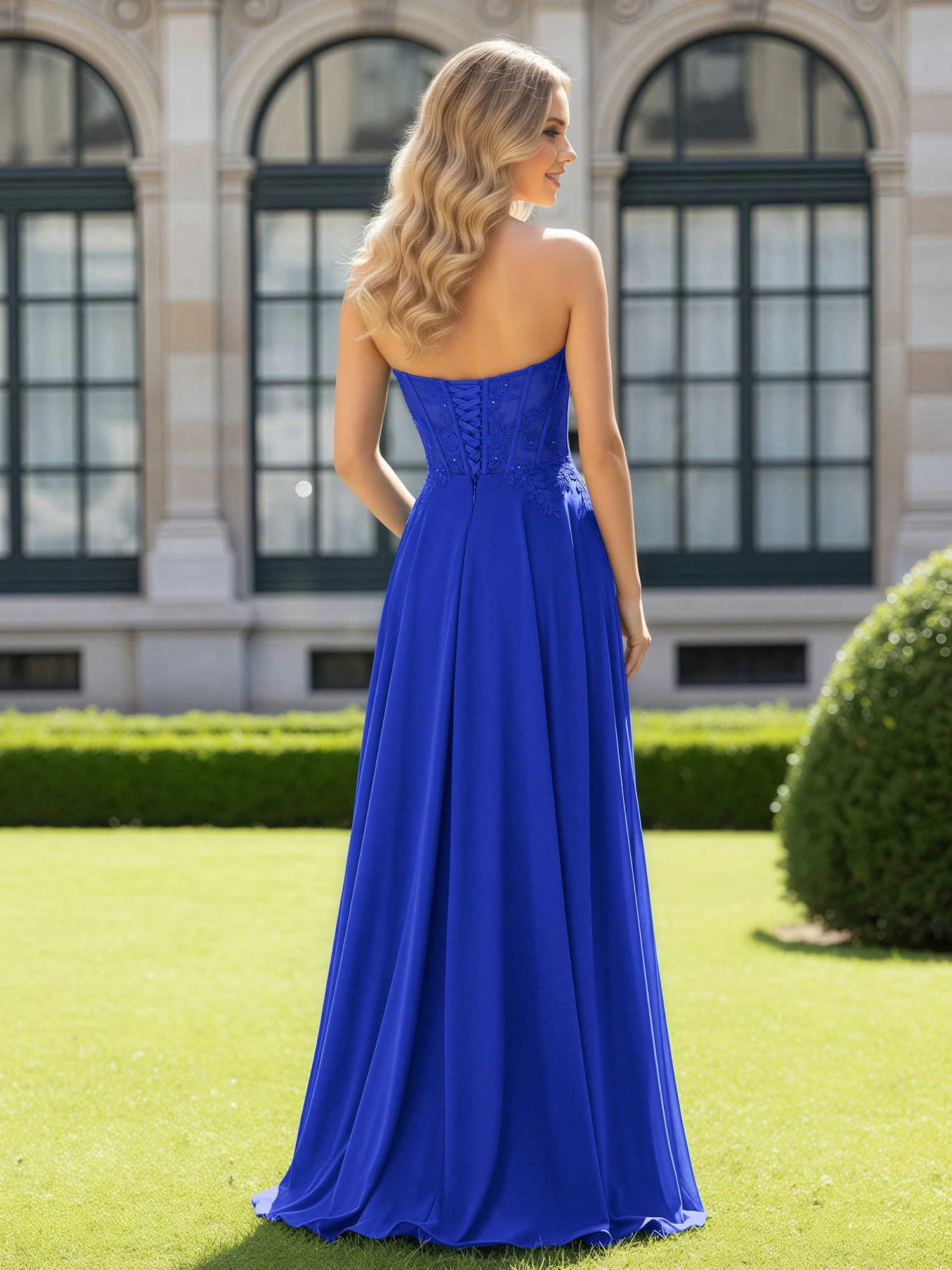 Pleated Sweetheart Applique Corset Dress With Slit Royal Blue - Image 2