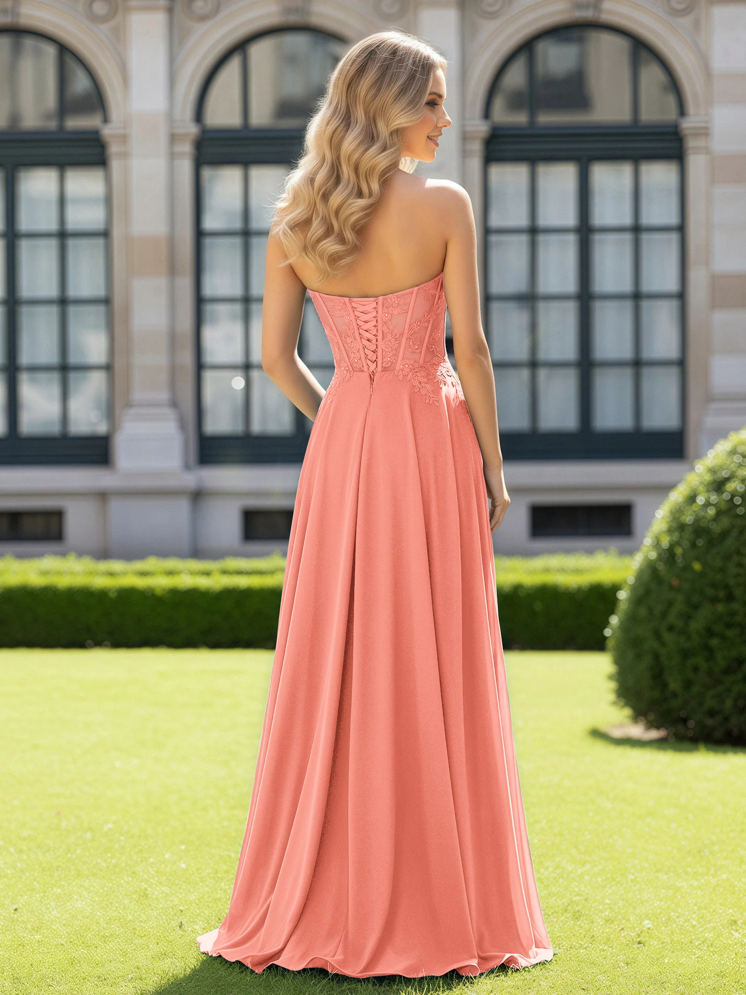 Pleated Sweetheart Applique Corset Dress With Slit Sunset - Image 2