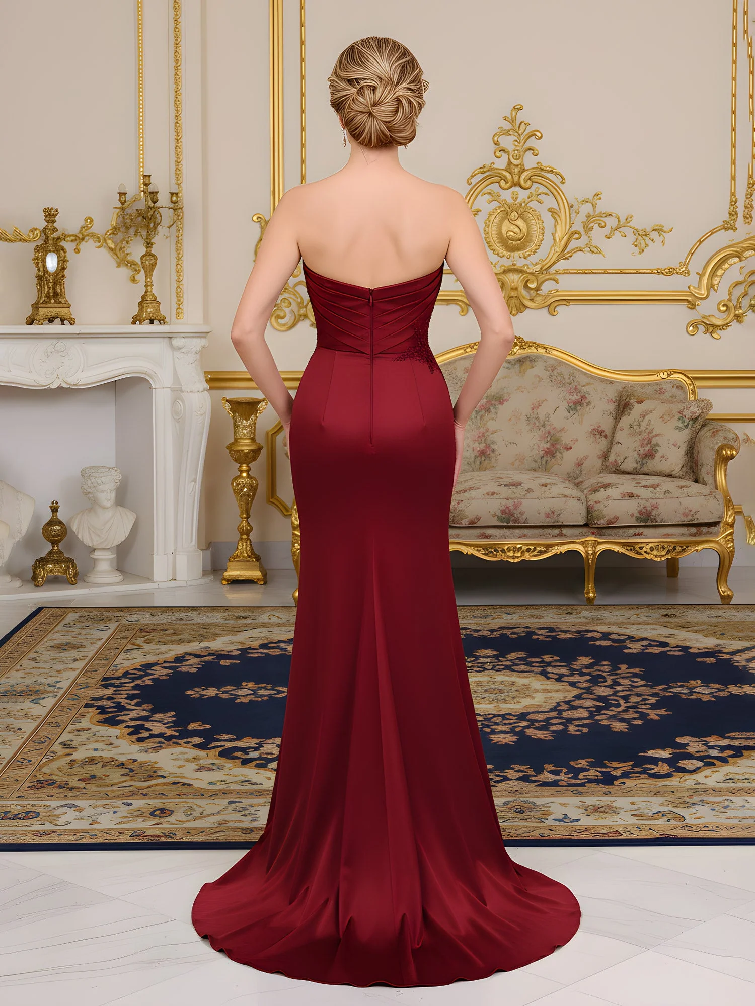 Pleated Sweetheart Corset Applique Dress With Slit Gold - Image 2
