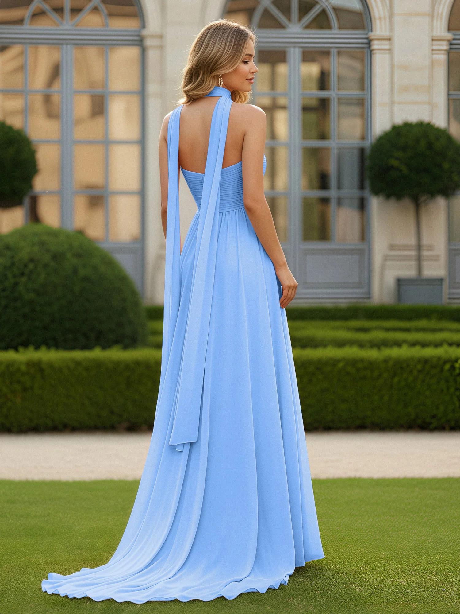 Pleated Sweetheart Neck A-line Chiffon Dress With Slit Blue - Image 2