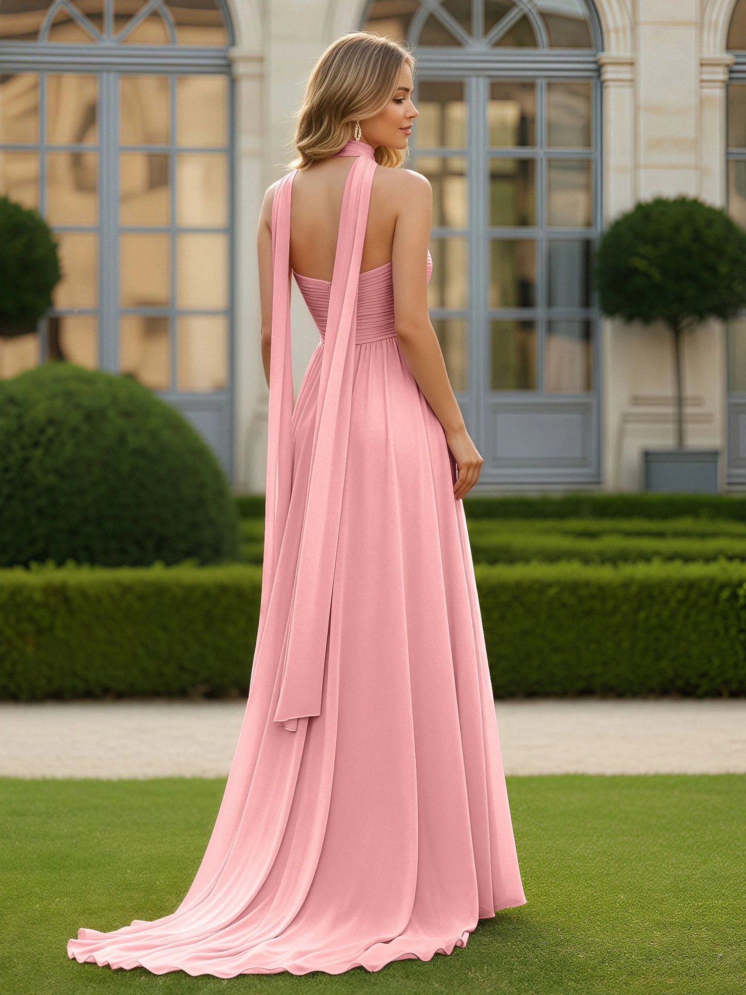 Pleated Sweetheart Neck A-line Chiffon Dress With Slit Flamingo - Image 2