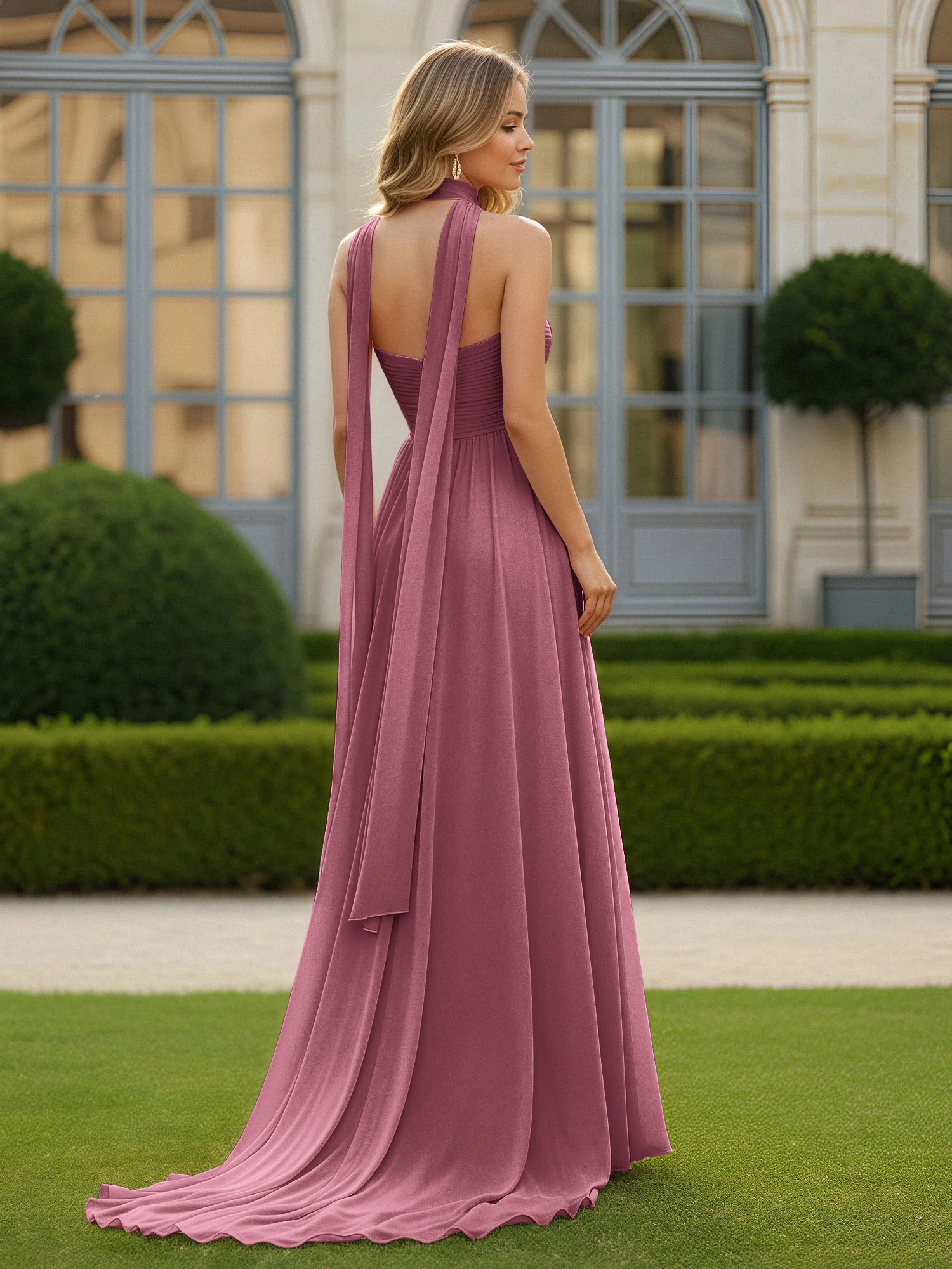 Pleated Sweetheart Neck A-line Chiffon Dress With Slit Mulberry - Image 2