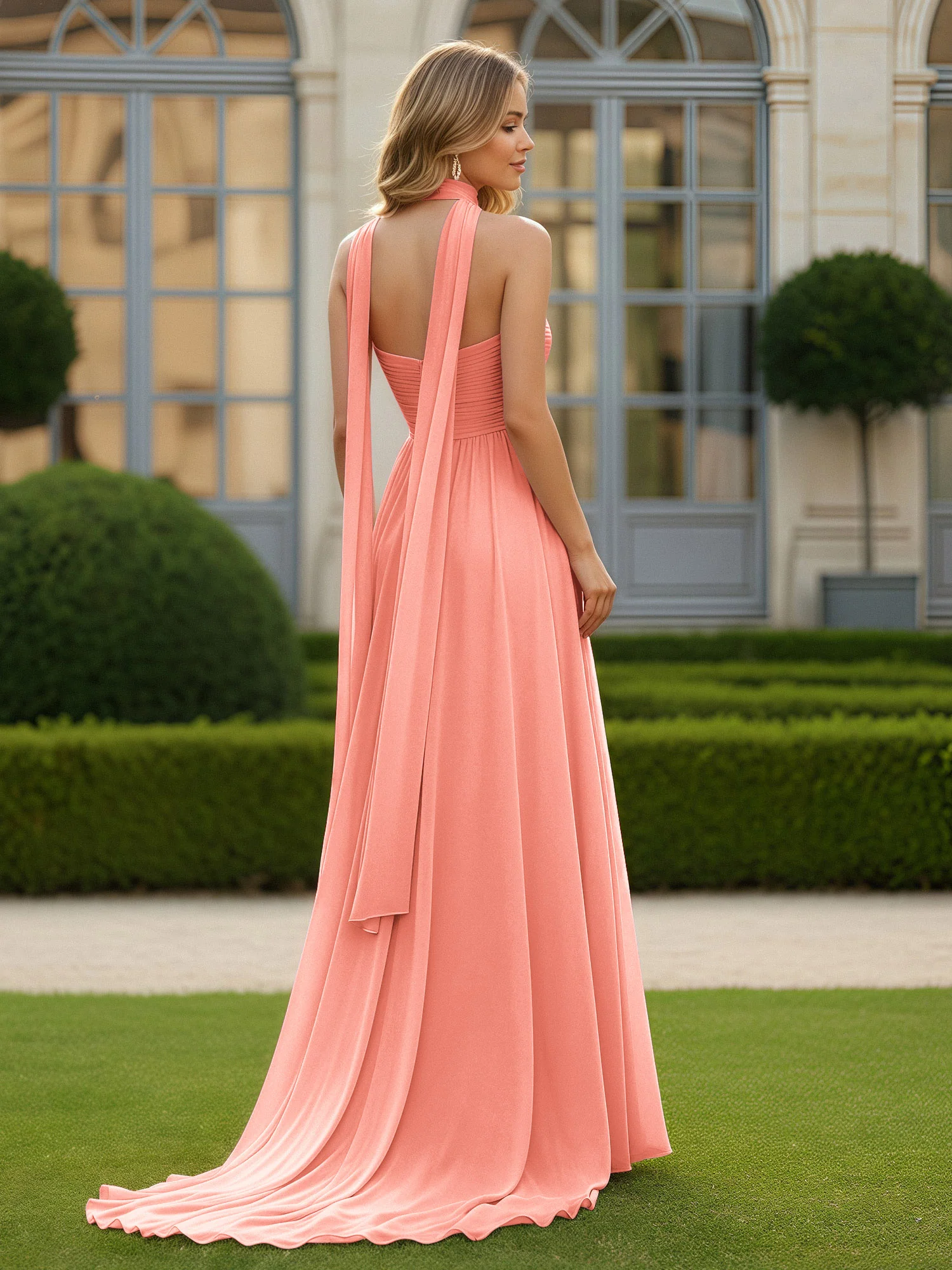 Pleated Sweetheart Neck A-line Chiffon Dress With Slit Sunset - Image 2