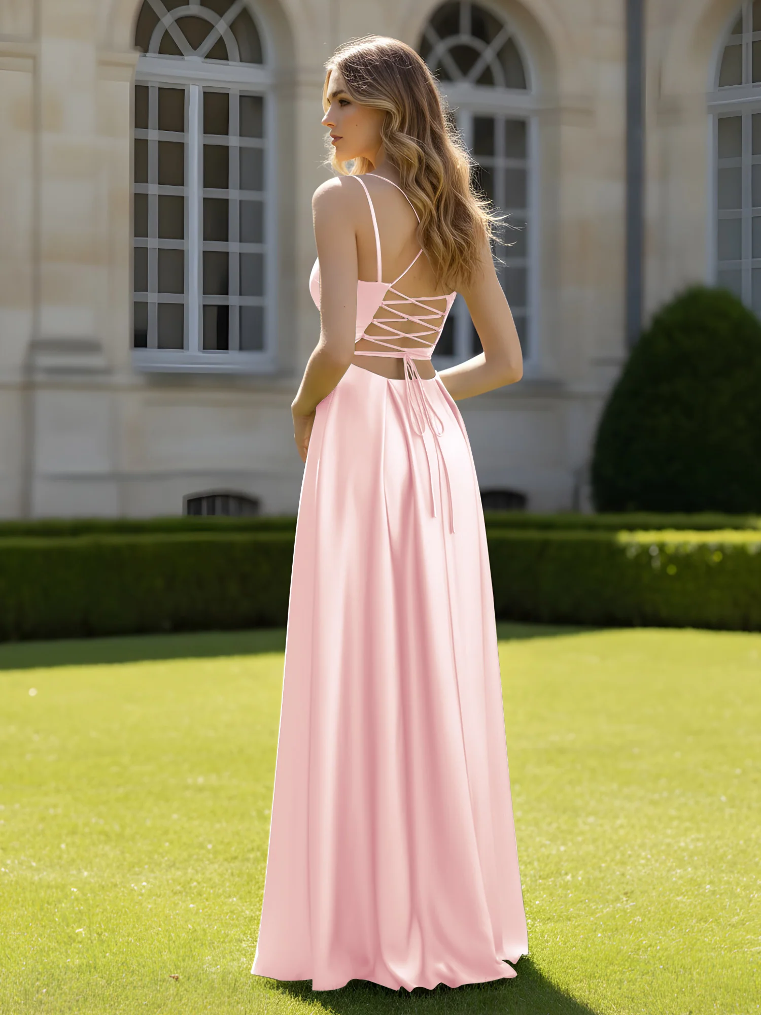 Pleated Sweetheart Neck A-Line Dress With Slit Blushing Pink - Image 2