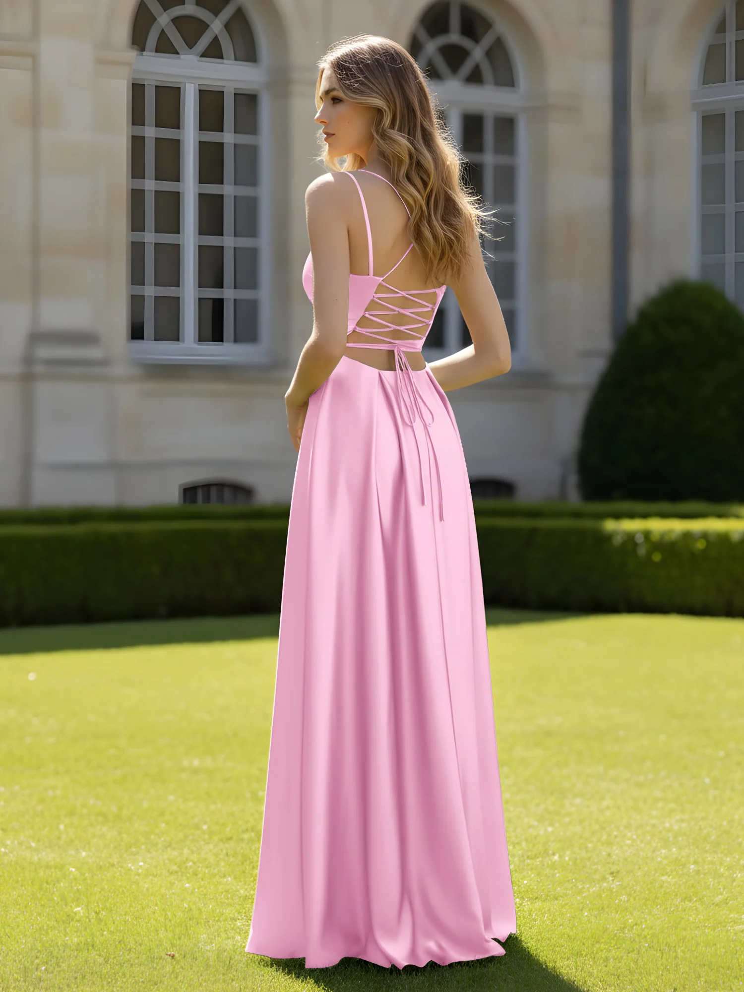 Pleated Sweetheart Neck A-Line Dress With Slit Candy Pink - Image 2