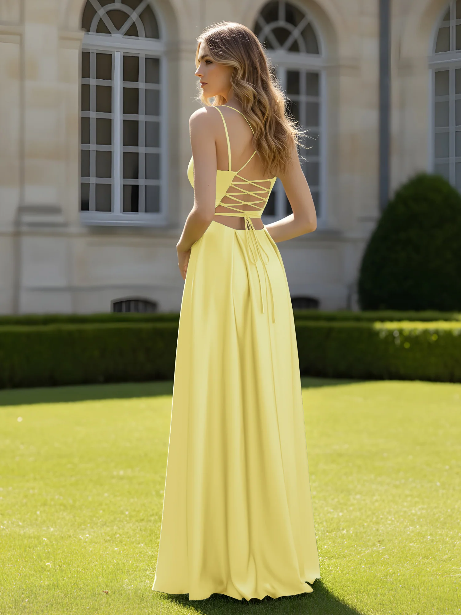 Pleated Sweetheart Neck A-Line Dress With Slit Daffodil - Image 2