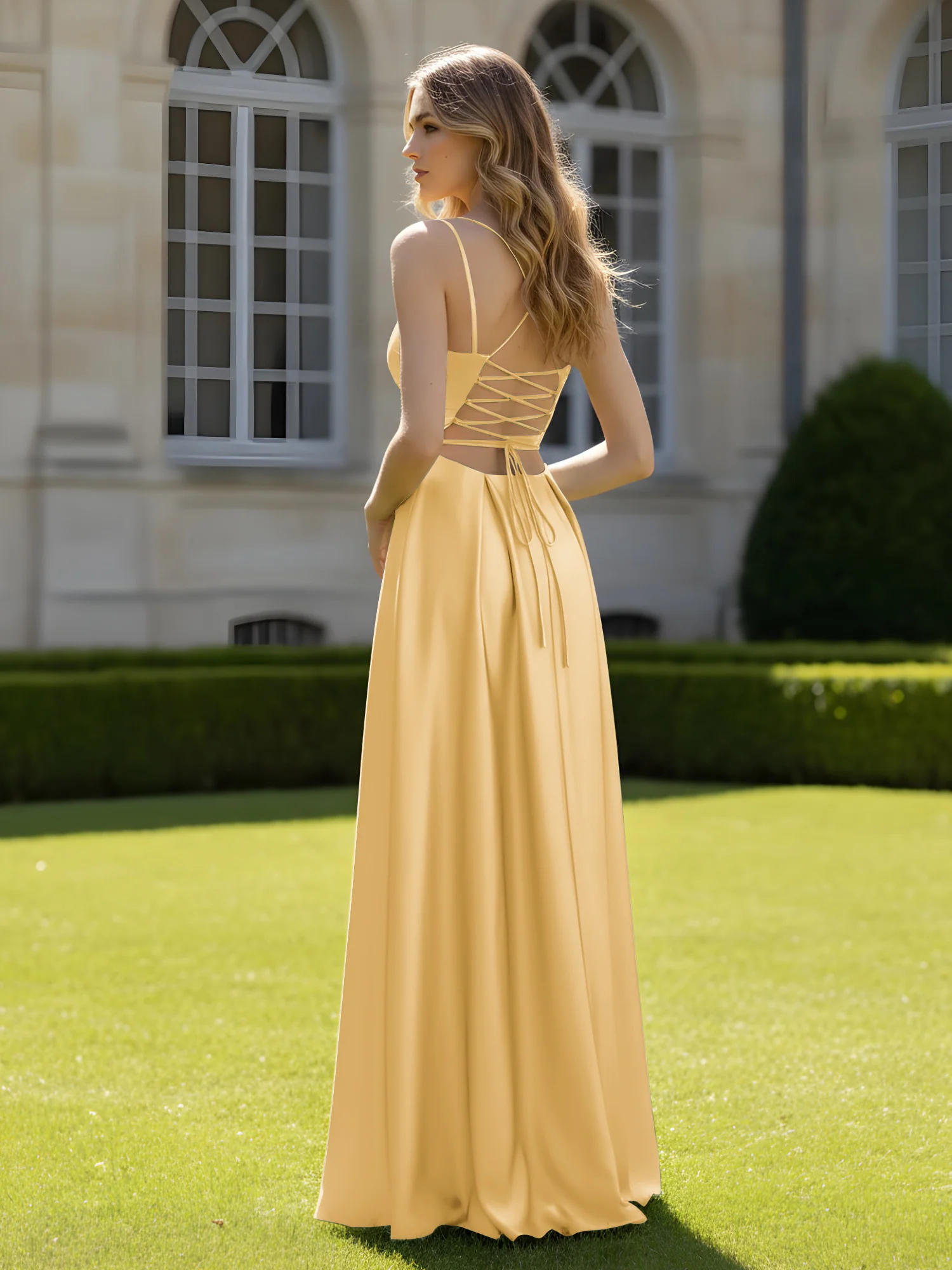 Pleated Sweetheart Neck A-Line Dress With Slit Gold - Image 2