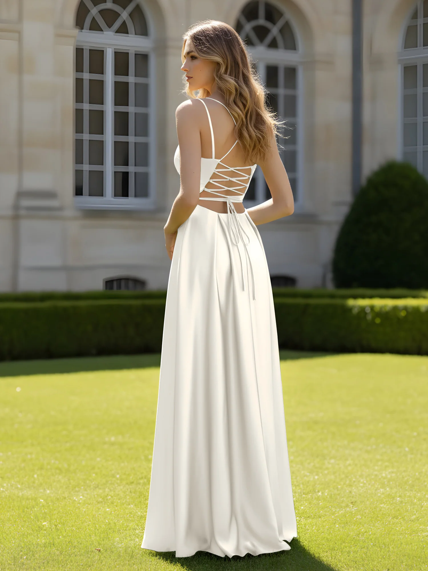 Pleated Sweetheart Neck A-Line Dress With Slit Ivory - Image 2