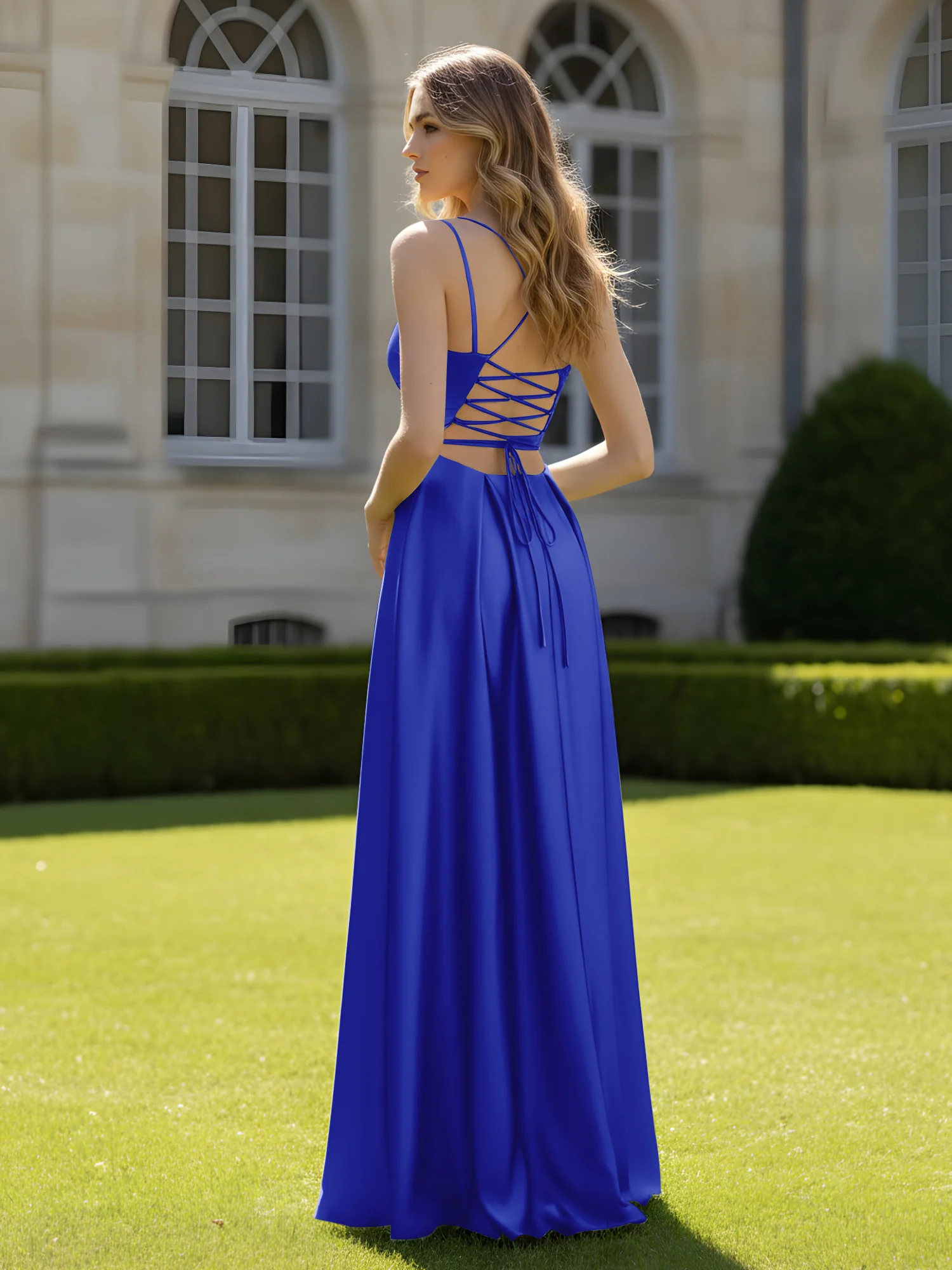 Pleated Sweetheart Neck A-Line Dress With Slit Royal Blue - Image 2